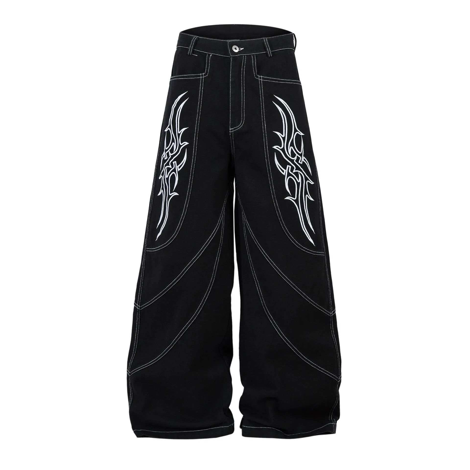 Spring  High Street RO Wind Structure Split Flame Embroidery Washed Primary Color Jeans Loose Wide Leg Pants display picture 3