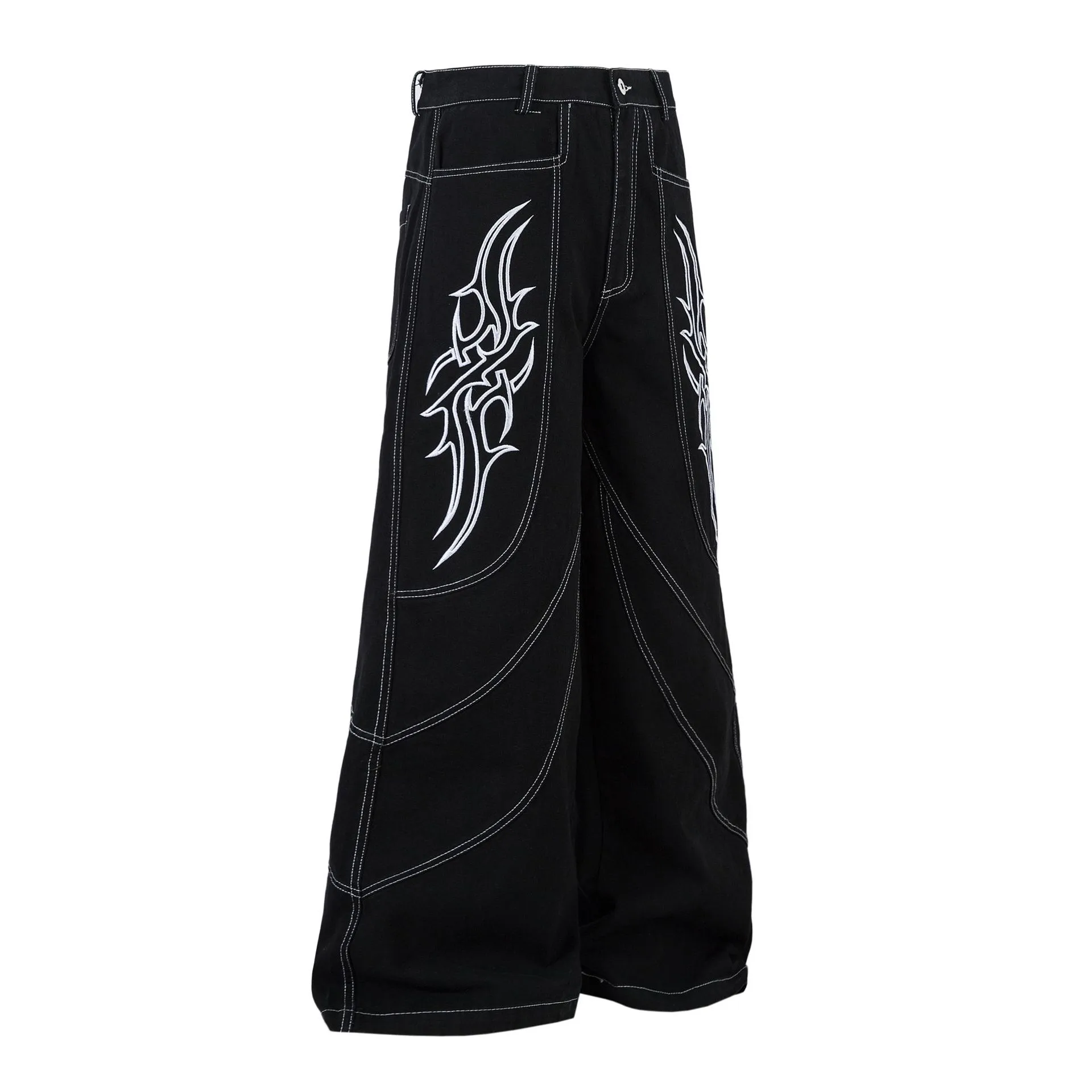 Spring  High Street RO Wind Structure Split Flame Embroidery Washed Primary Color Jeans Loose Wide Leg Pants display picture 4