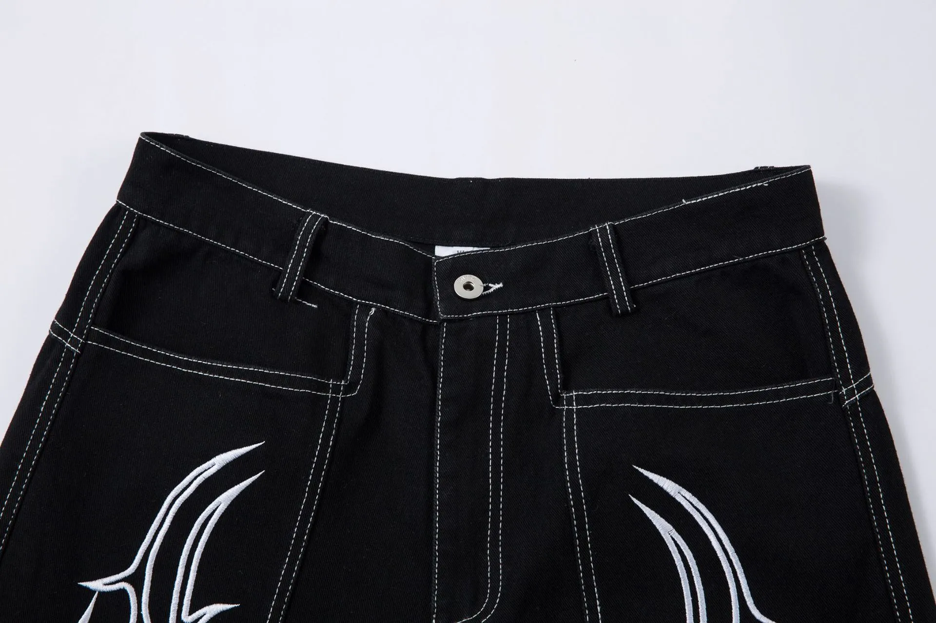 Spring  High Street RO Wind Structure Split Flame Embroidery Washed Primary Color Jeans Loose Wide Leg Pants display picture 16