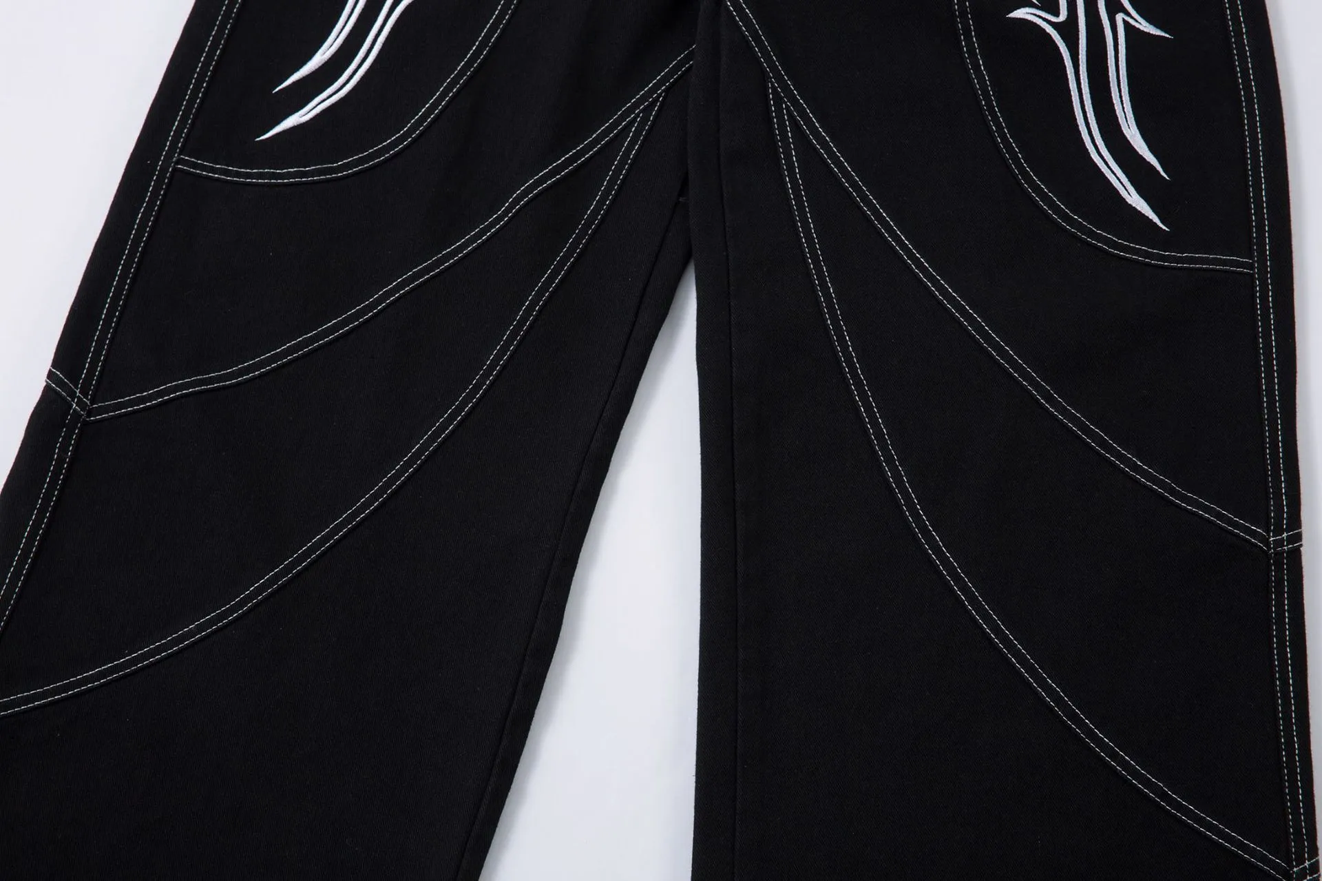 Spring  High Street RO Wind Structure Split Flame Embroidery Washed Primary Color Jeans Loose Wide Leg Pants display picture 19
