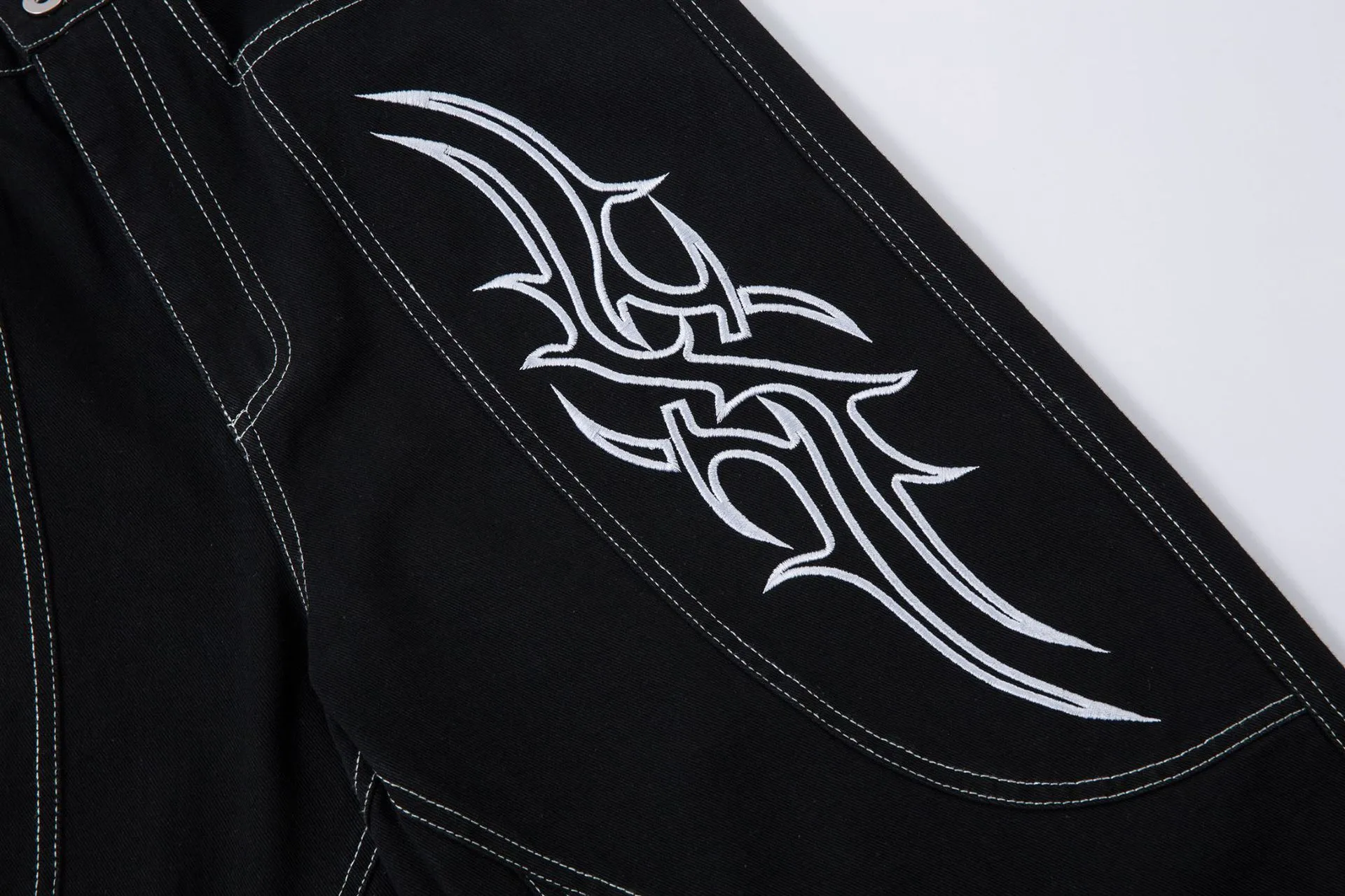 Spring  High Street RO Wind Structure Split Flame Embroidery Washed Primary Color Jeans Loose Wide Leg Pants display picture 20