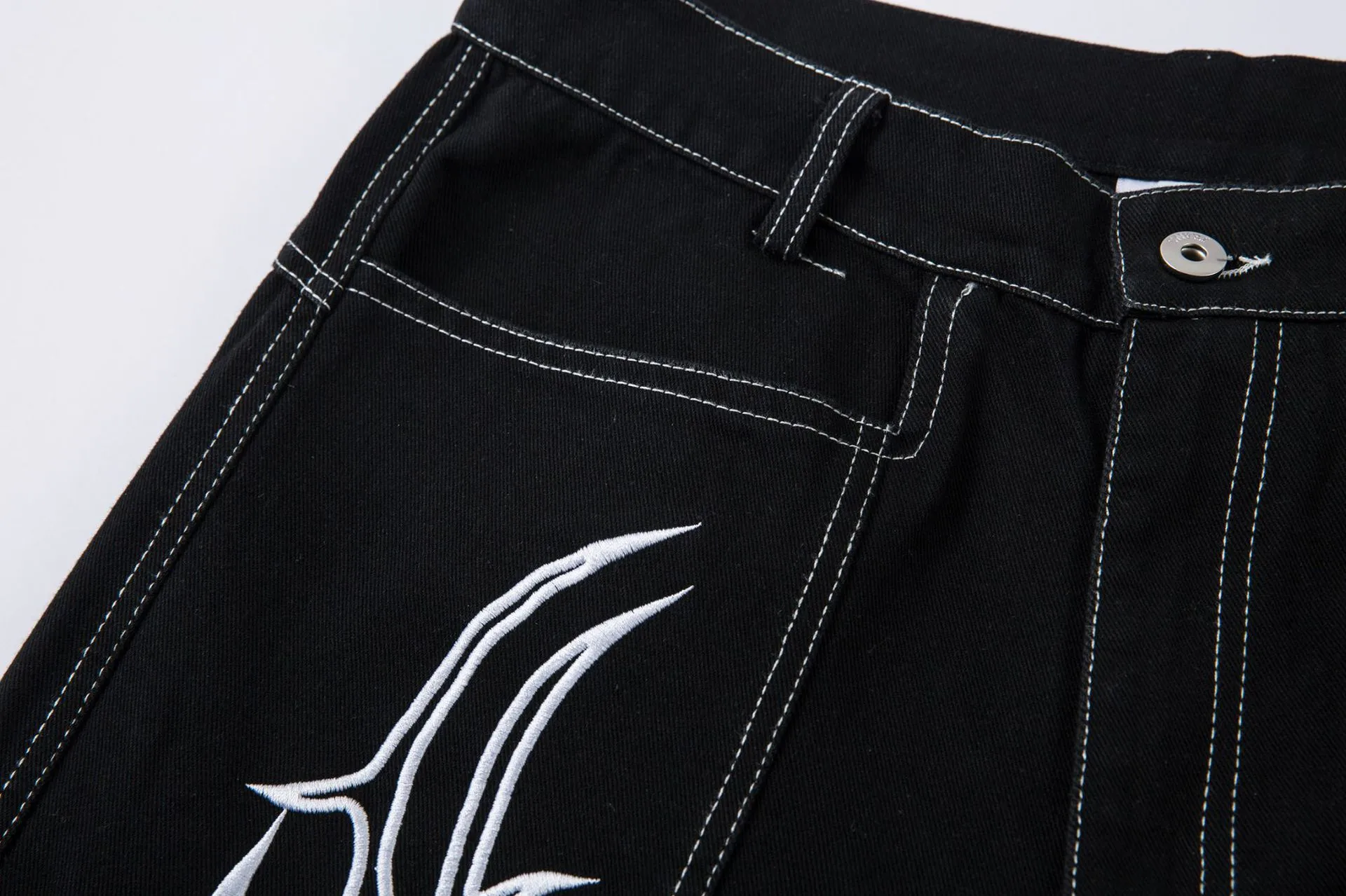 Spring  High Street RO Wind Structure Split Flame Embroidery Washed Primary Color Jeans Loose Wide Leg Pants display picture 23