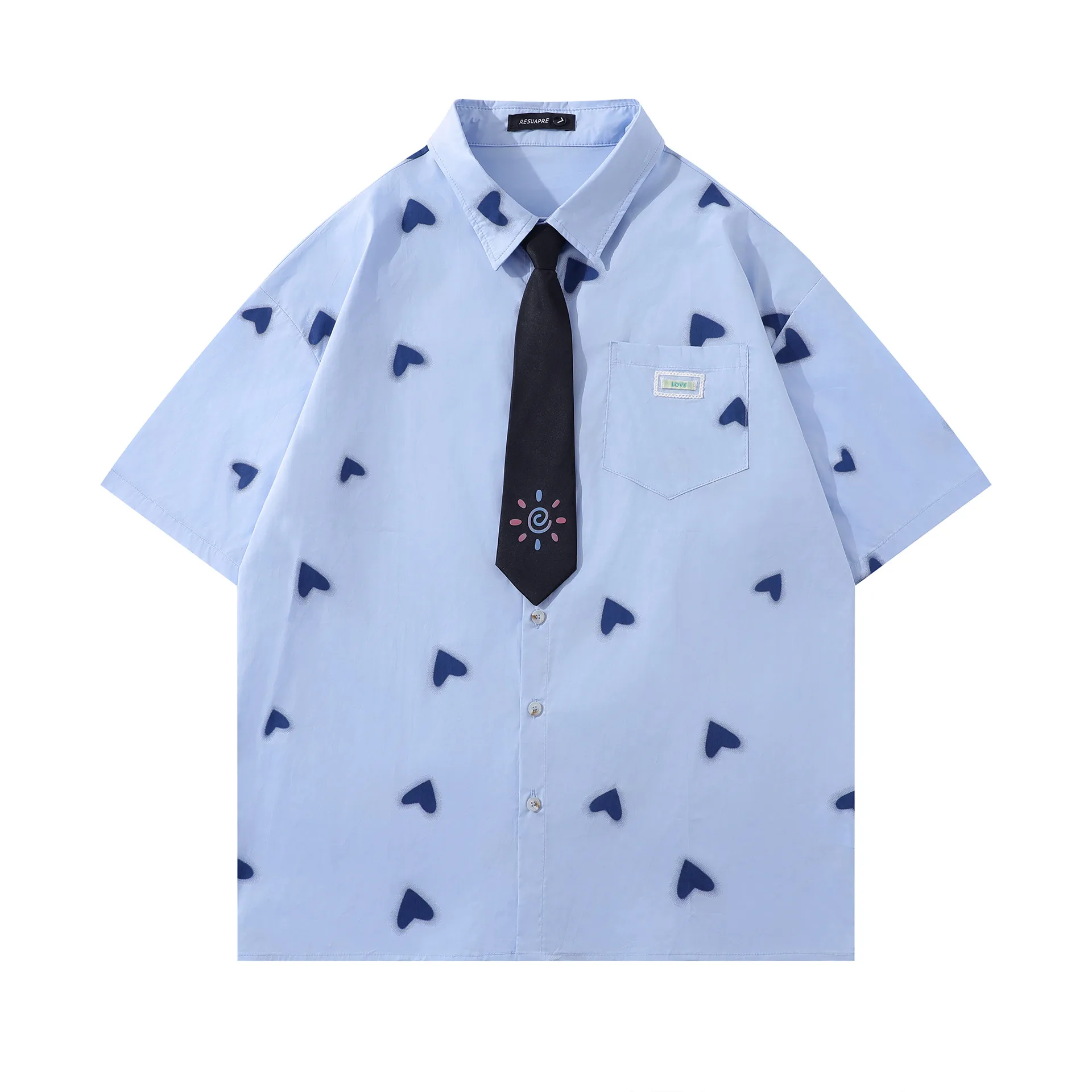 Jiayiku Men's  Summer New American Style Antique Fashion Brand Heart-shaped Printed Casual Shirt Short-sleeved For Men And Women display picture 5