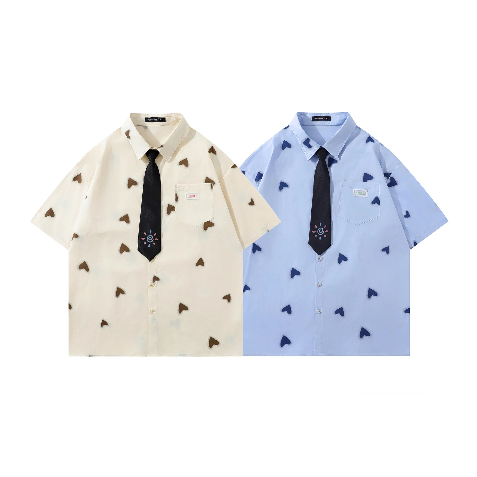 Jiayiku Men's  Summer New American Style Antique Fashion Brand Heart-shaped Printed Casual Shirt Short-sleeved For Men And Women display picture 2