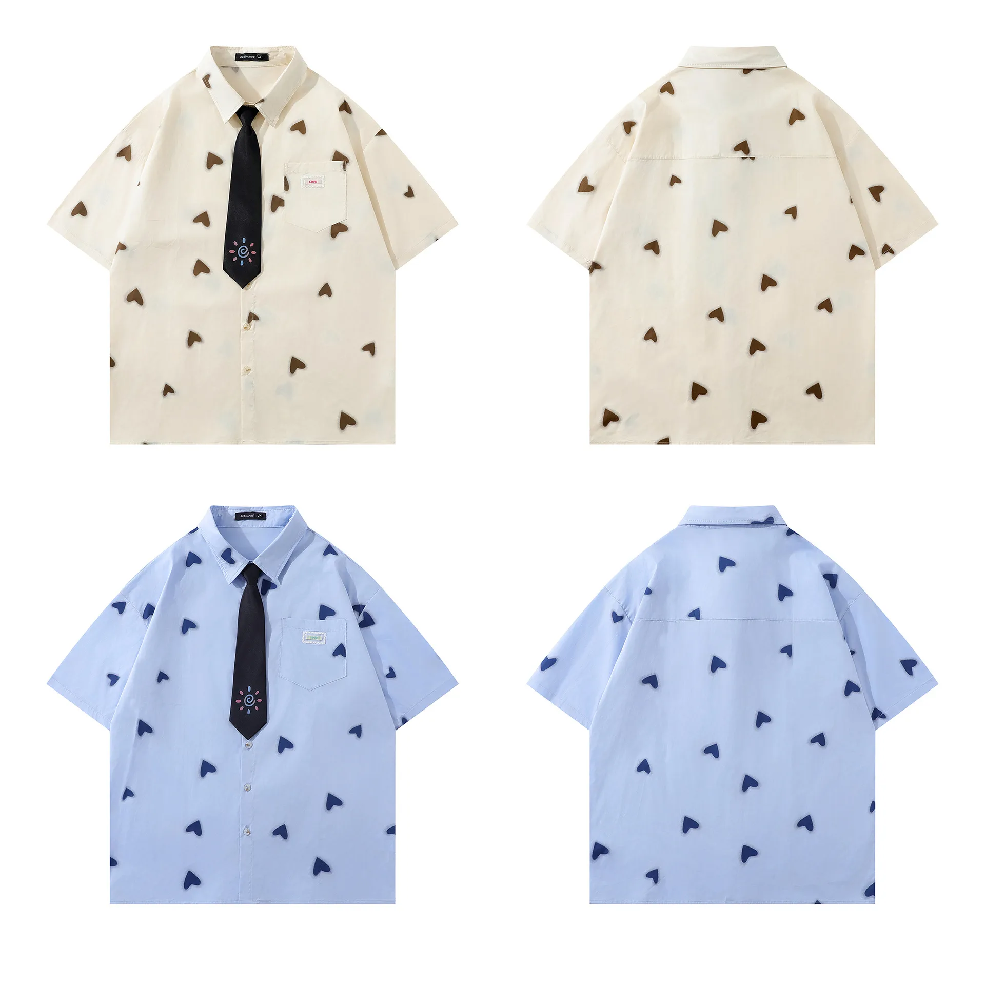 Jiayiku Men's  Summer New American Style Antique Fashion Brand Heart-shaped Printed Casual Shirt Short-sleeved For Men And Women display picture 7