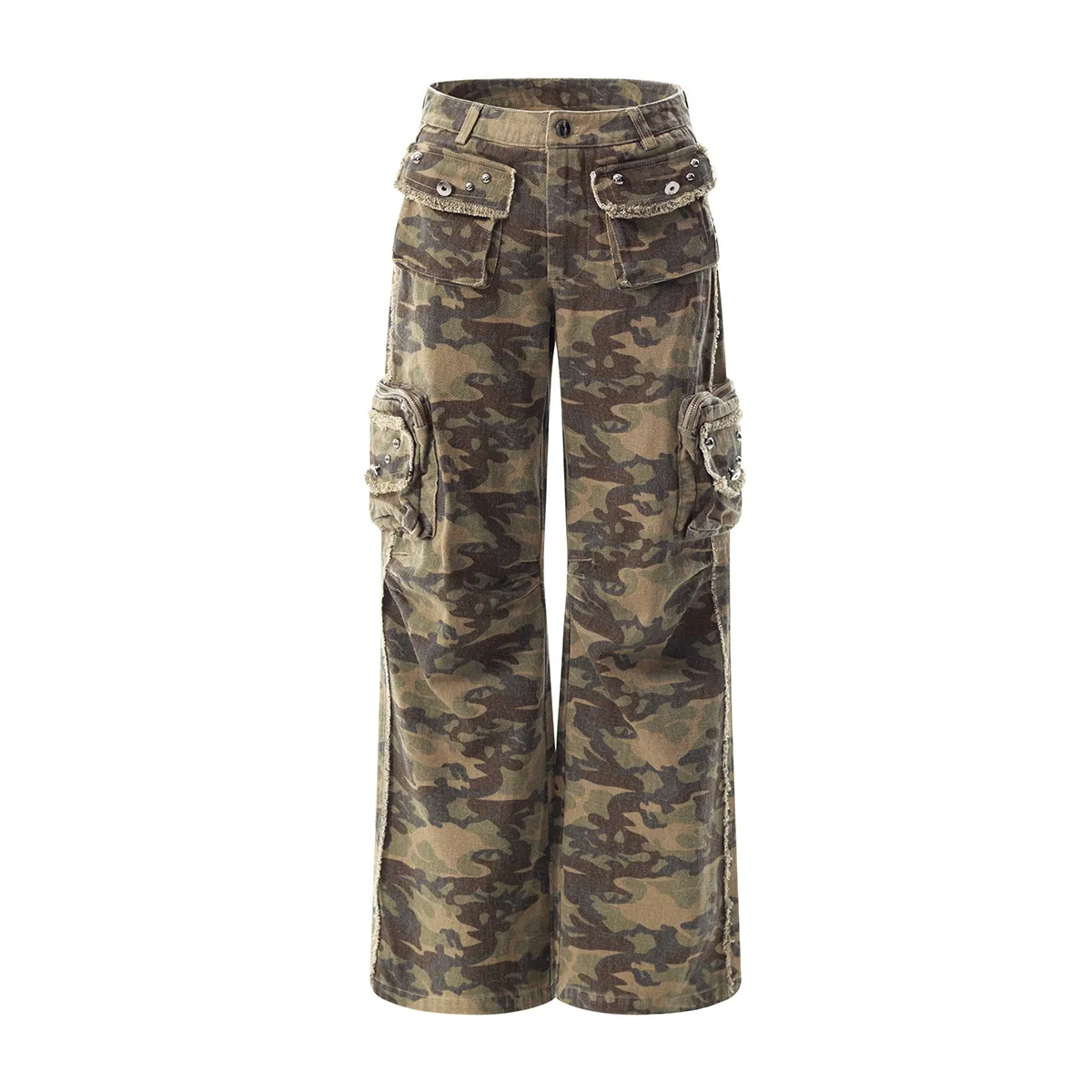 Spring  High Street Vibe Camouflage Fodgy Jeans Micro-washed Rough Edge Multi-pocket Casual Trousers display picture 3