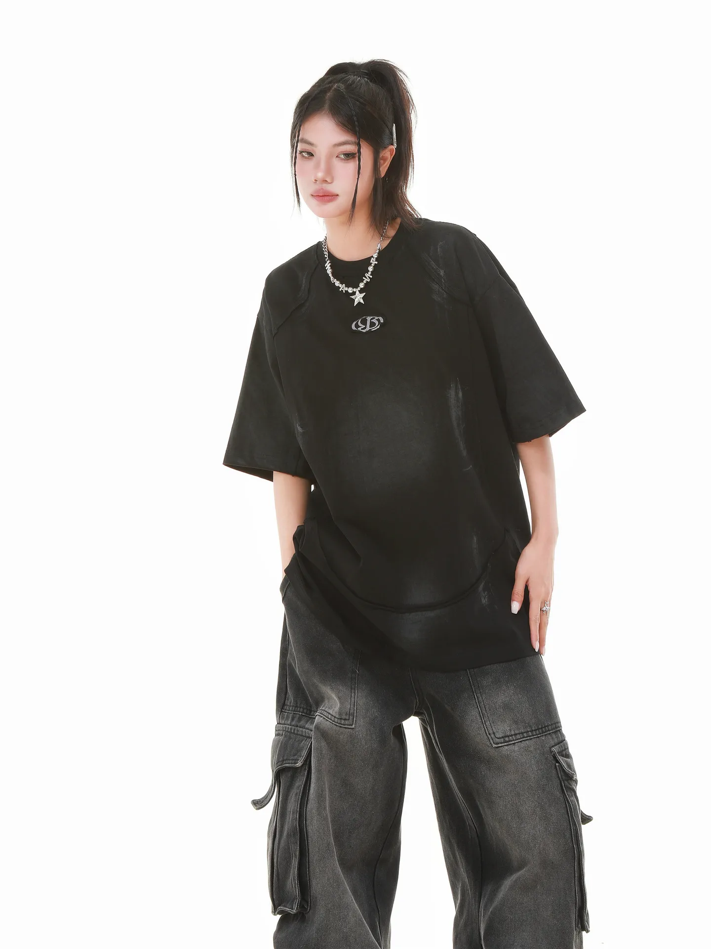 Jiayiku Men's  Summer New American Retro Fashion Brand Heavy Washing Personalized Graffiti Stitching T-Shirt Short Sleeve display picture 7