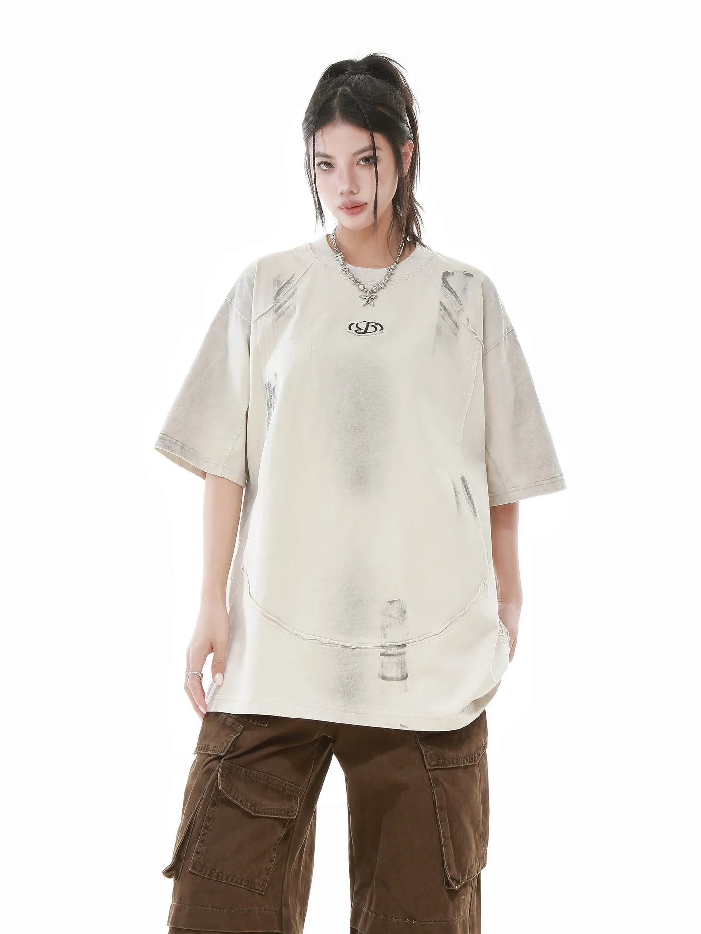 Jiayiku Men's  Summer New American Retro Fashion Brand Heavy Washing Personalized Graffiti Stitching T-Shirt Short Sleeve display picture 13