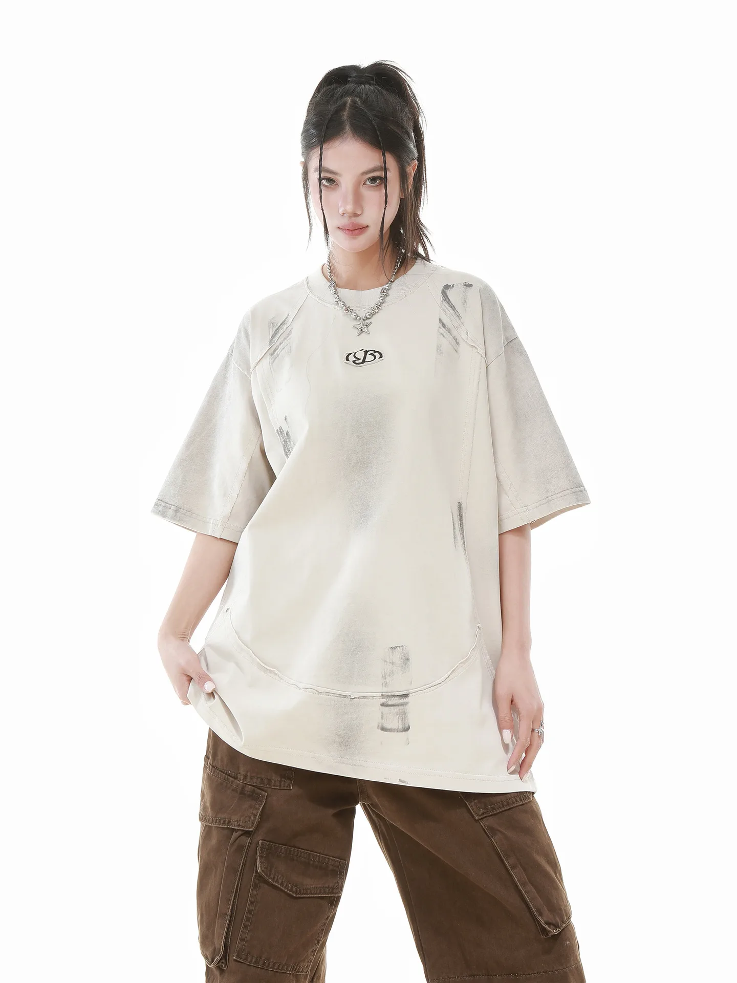 Jiayiku Men's  Summer New American Retro Fashion Brand Heavy Washing Personalized Graffiti Stitching T-Shirt Short Sleeve display picture 14