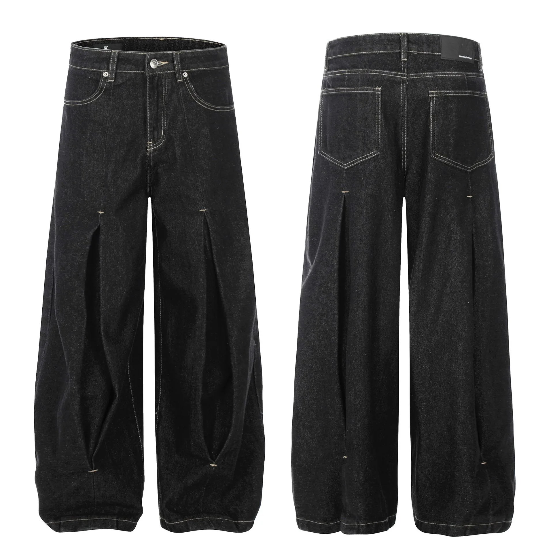 Jiayi Library Men's  New American Vintage Pleated Washed Jeans Men's And Women's Vibe Scimitar Wide Leg Pants display picture 2