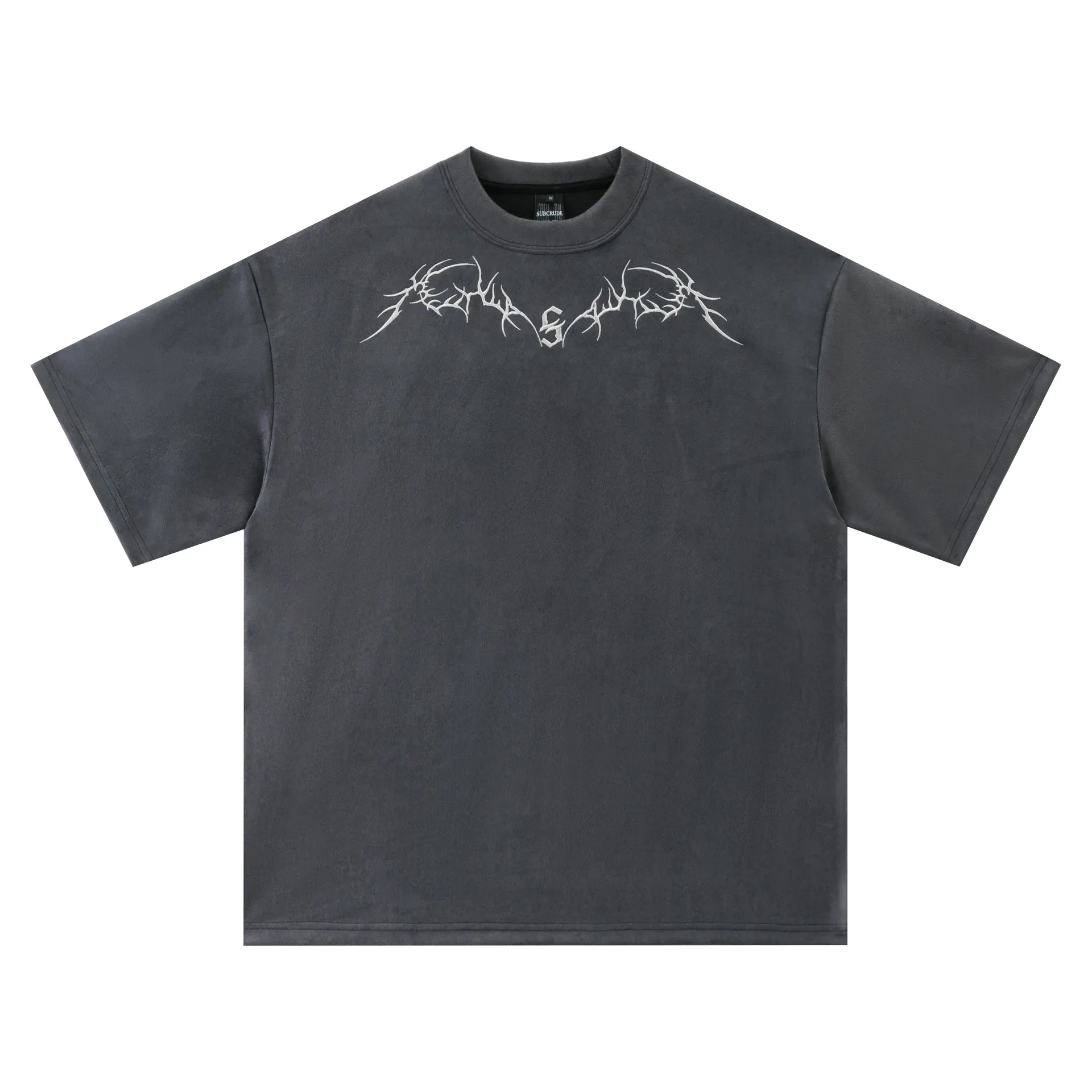 Jiayiku Men's  New American Street Fashion Brand Suede T-shirt Men's Thorn Embroidery High Street Short Sleeve Tee display picture 2