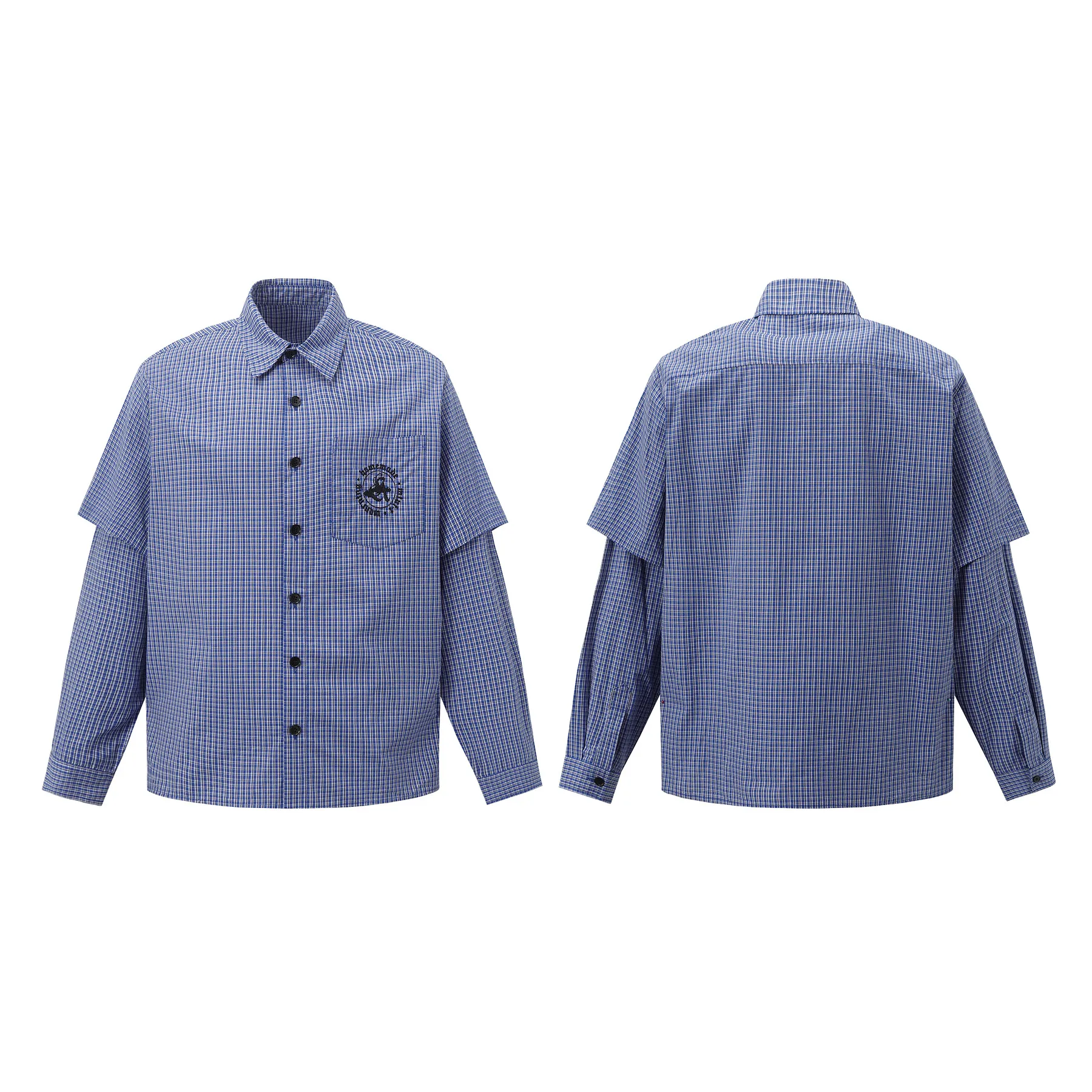 Jiayiku Men's  Spring American Retro Cleanfit Fake Two Plaid Shirt Long Sleeve Shirt For Men And Women display picture 2