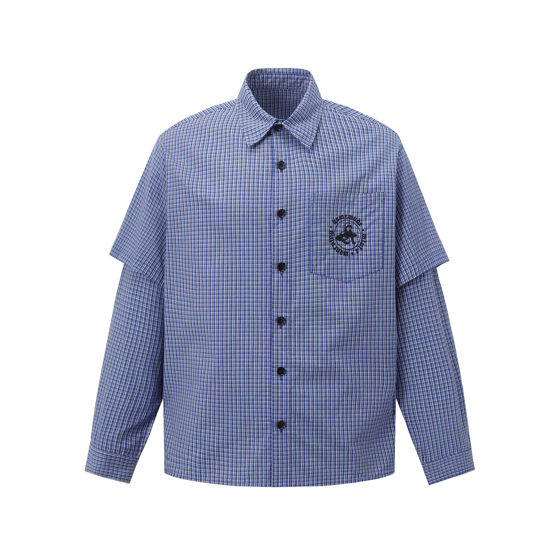 Jiayiku Men's  Spring American Retro Cleanfit Fake Two Plaid Shirt Long Sleeve Shirt For Men And Women display picture 3