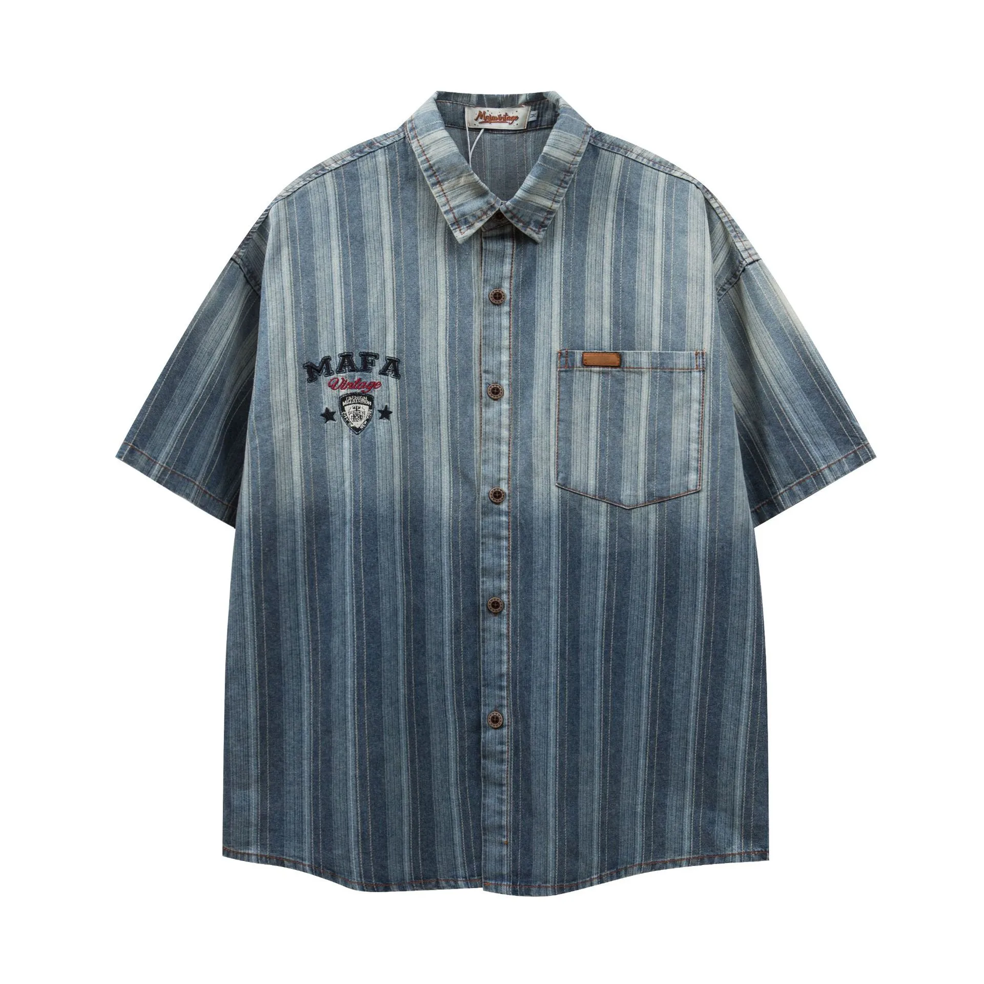 Jiayi Library Men's  New American Retro Gradual Color Washed Striped Denim Shirt Loose Short-sleeved Shirt display picture 2