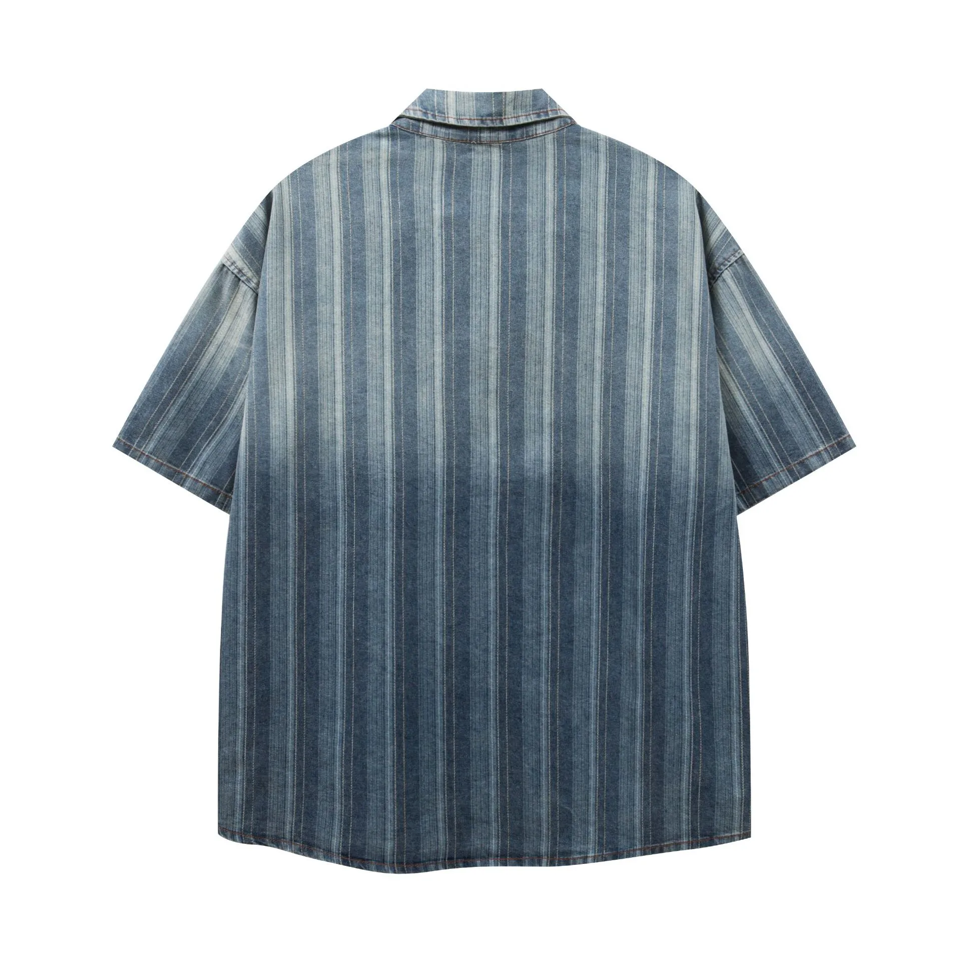 Jiayi Library Men's  New American Retro Gradual Color Washed Striped Denim Shirt Loose Short-sleeved Shirt display picture 3