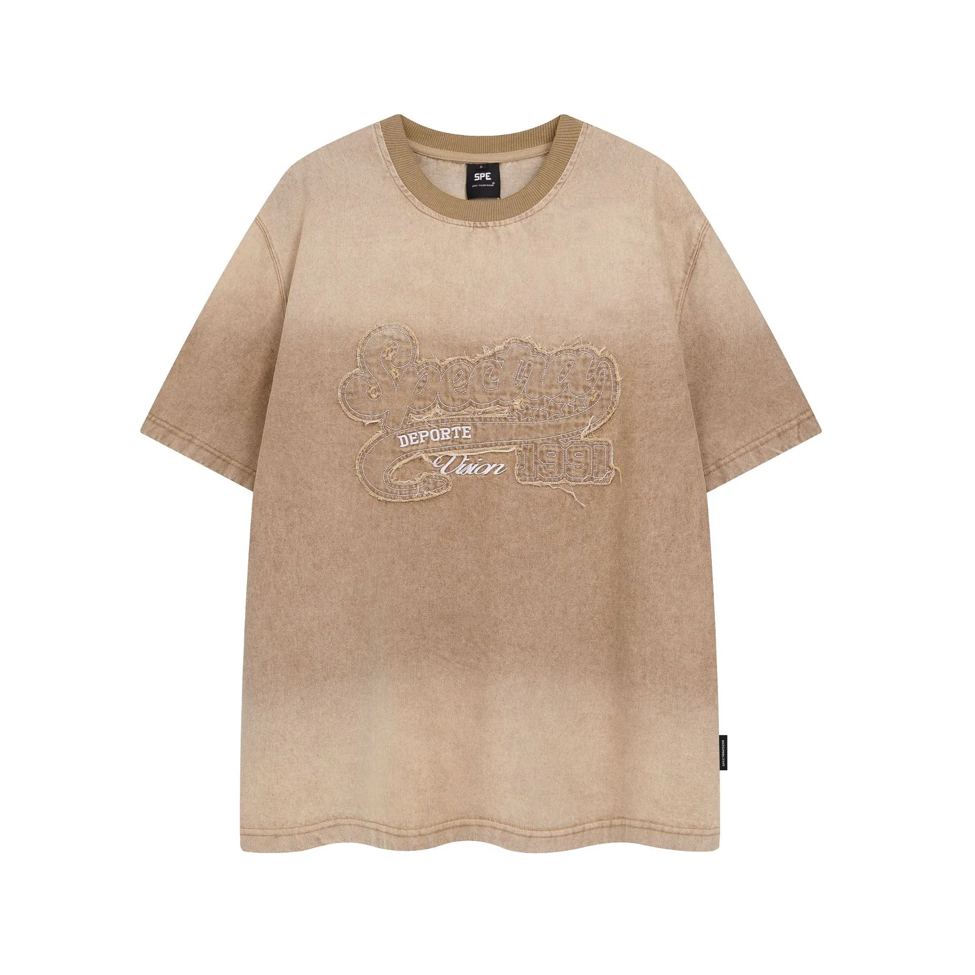 Jiayiku Fashion Brand  Summer New American Retro Patch Embroidery Gradient Color Washed Denim T-shirt Short Sleeve display picture 3