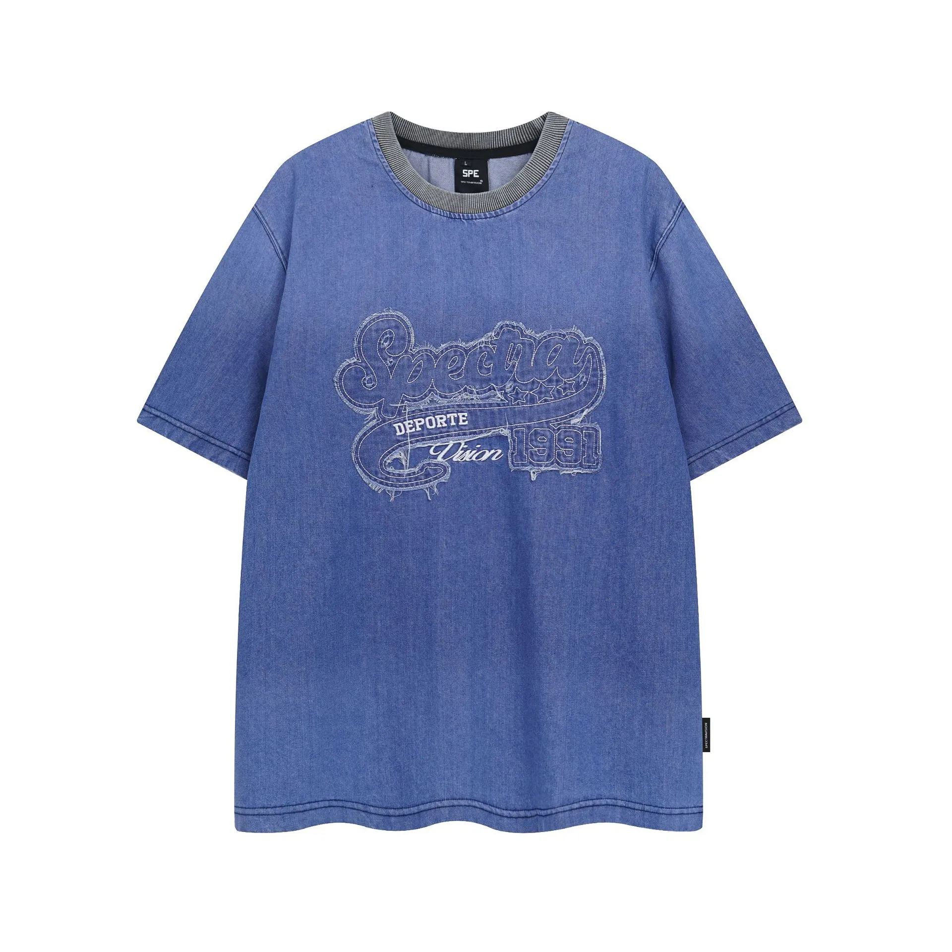 Jiayiku Fashion Brand  Summer New American Retro Patch Embroidery Gradient Color Washed Denim T-shirt Short Sleeve display picture 5