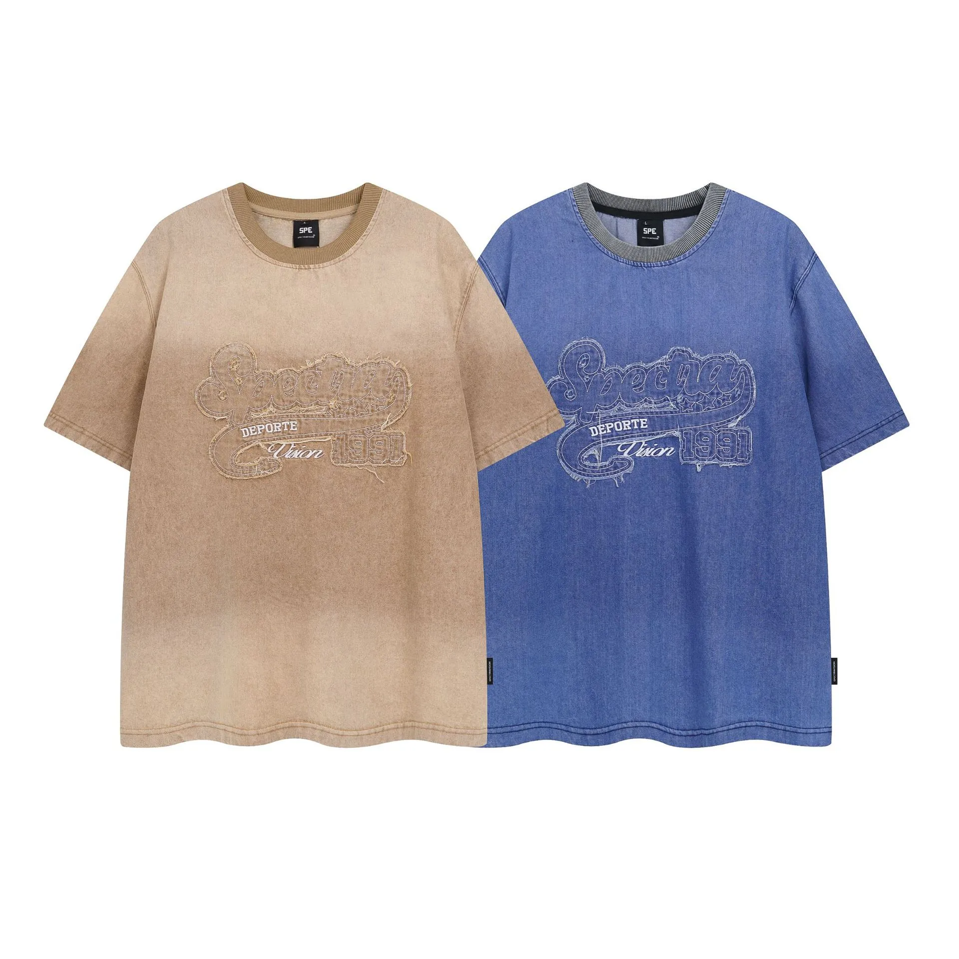 Jiayiku Fashion Brand  Summer New American Retro Patch Embroidery Gradient Color Washed Denim T-shirt Short Sleeve display picture 2