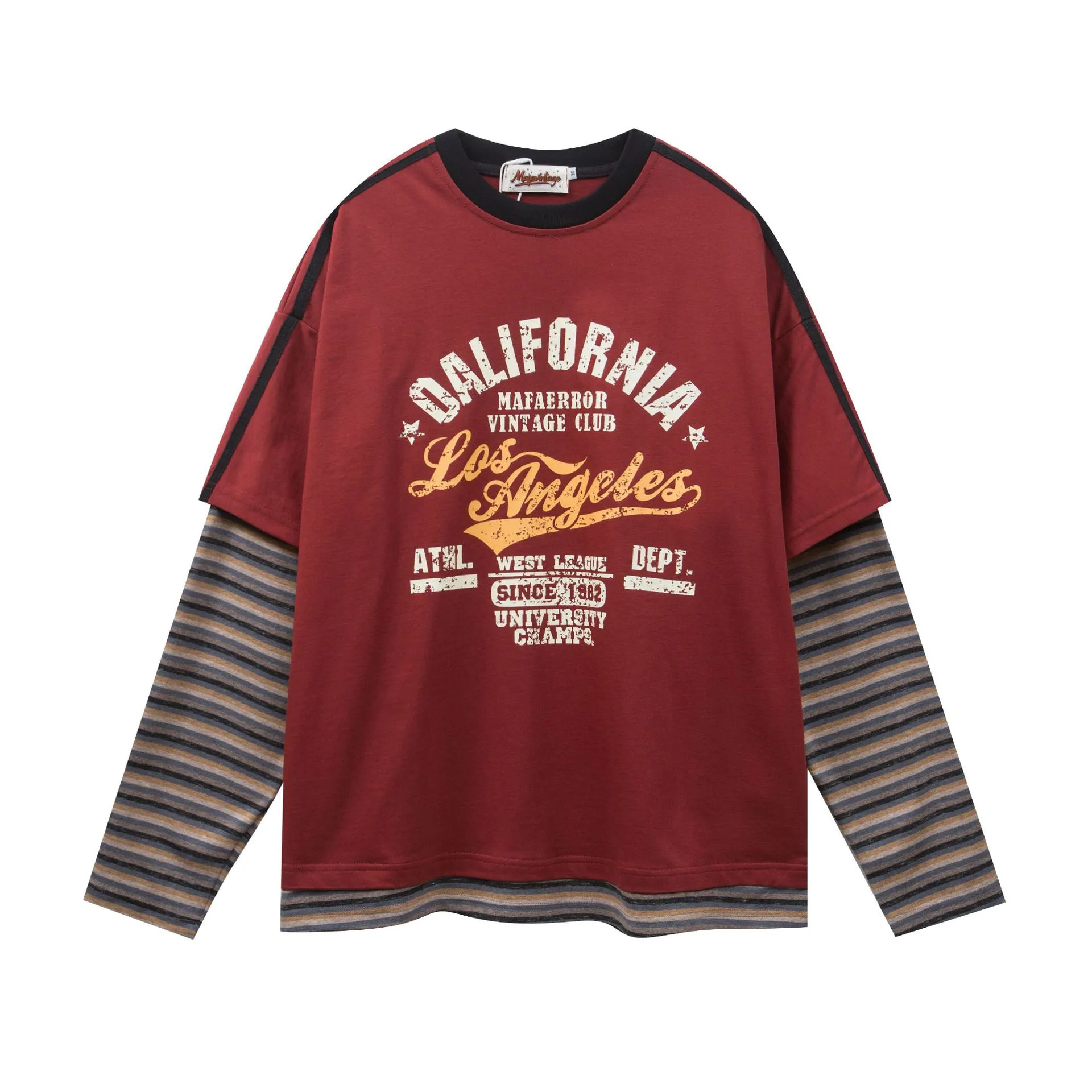 Jiayi Library Men's  Spring New American Jersey Striped Stitching Fake Two-piece Sweatshirt Long-sleeved T-shirt Men display picture 5
