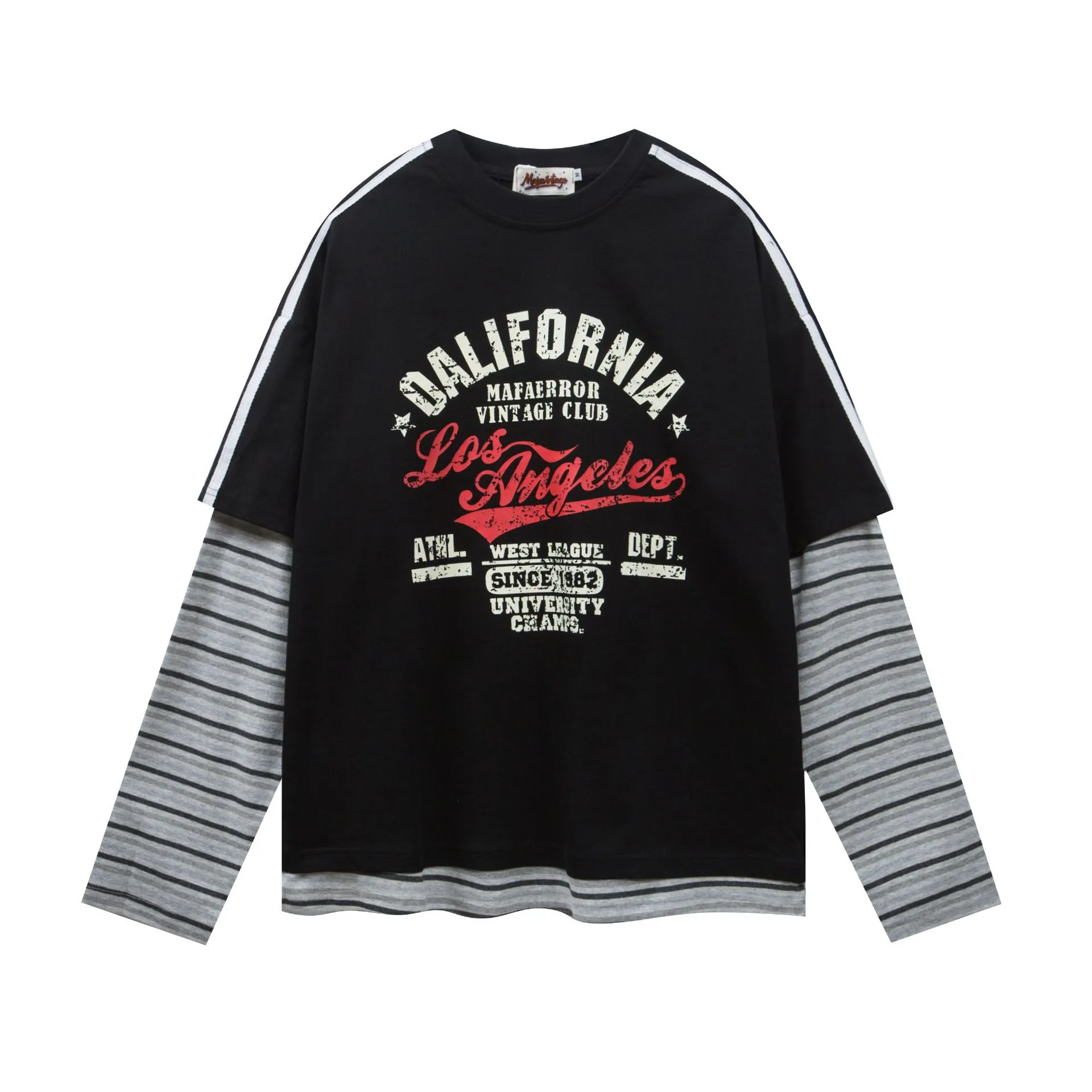 Jiayi Library Men's  Spring New American Jersey Striped Stitching Fake Two-piece Sweatshirt Long-sleeved T-shirt Men display picture 3