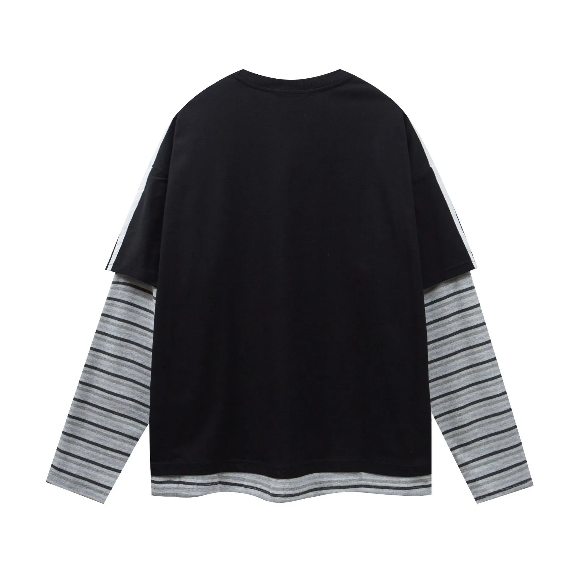 Jiayi Library Men's  Spring New American Jersey Striped Stitching Fake Two-piece Sweatshirt Long-sleeved T-shirt Men display picture 4