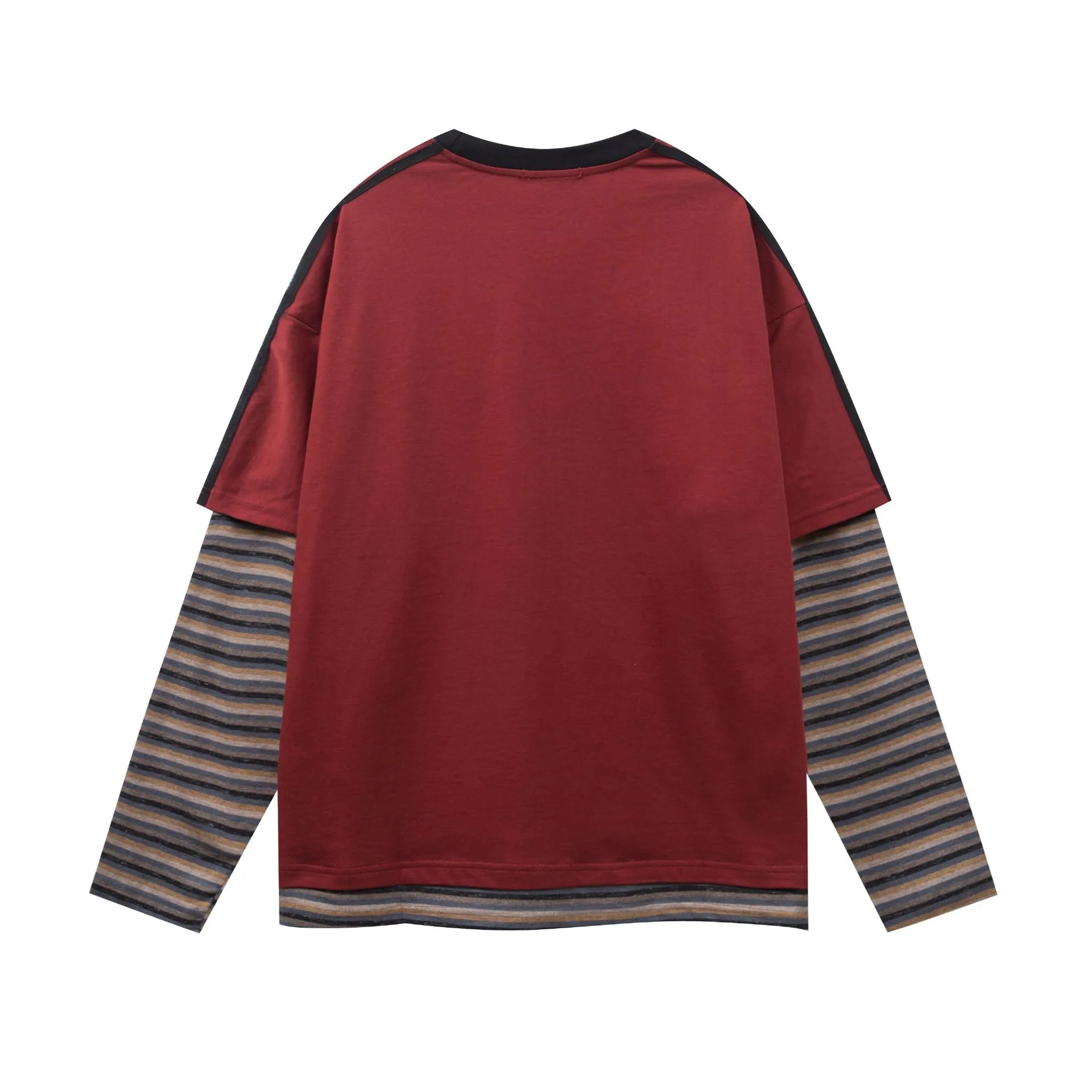 Jiayi Library Men's  Spring New American Jersey Striped Stitching Fake Two-piece Sweatshirt Long-sleeved T-shirt Men display picture 6