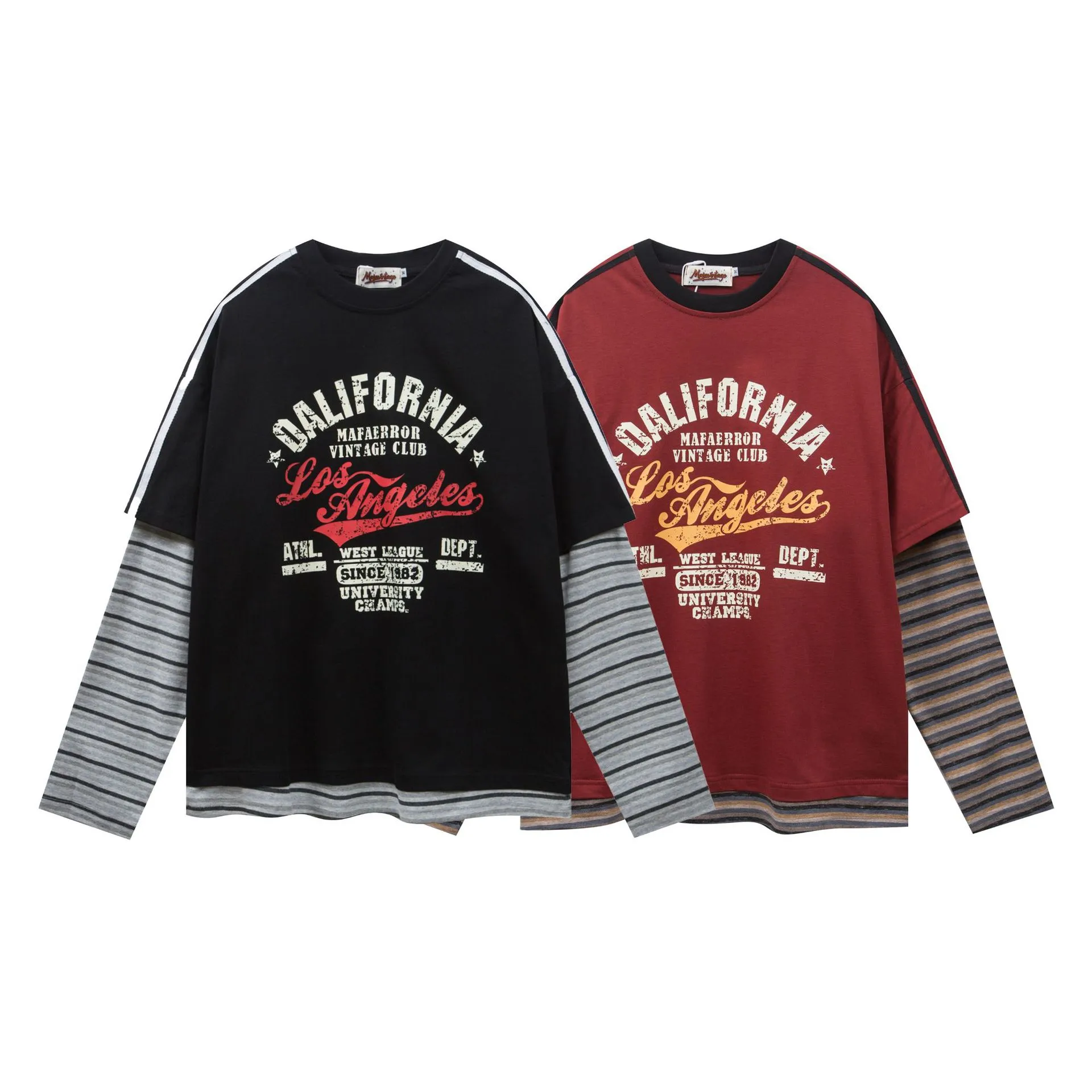 Jiayi Library Men's  Spring New American Jersey Striped Stitching Fake Two-piece Sweatshirt Long-sleeved T-shirt Men display picture 2