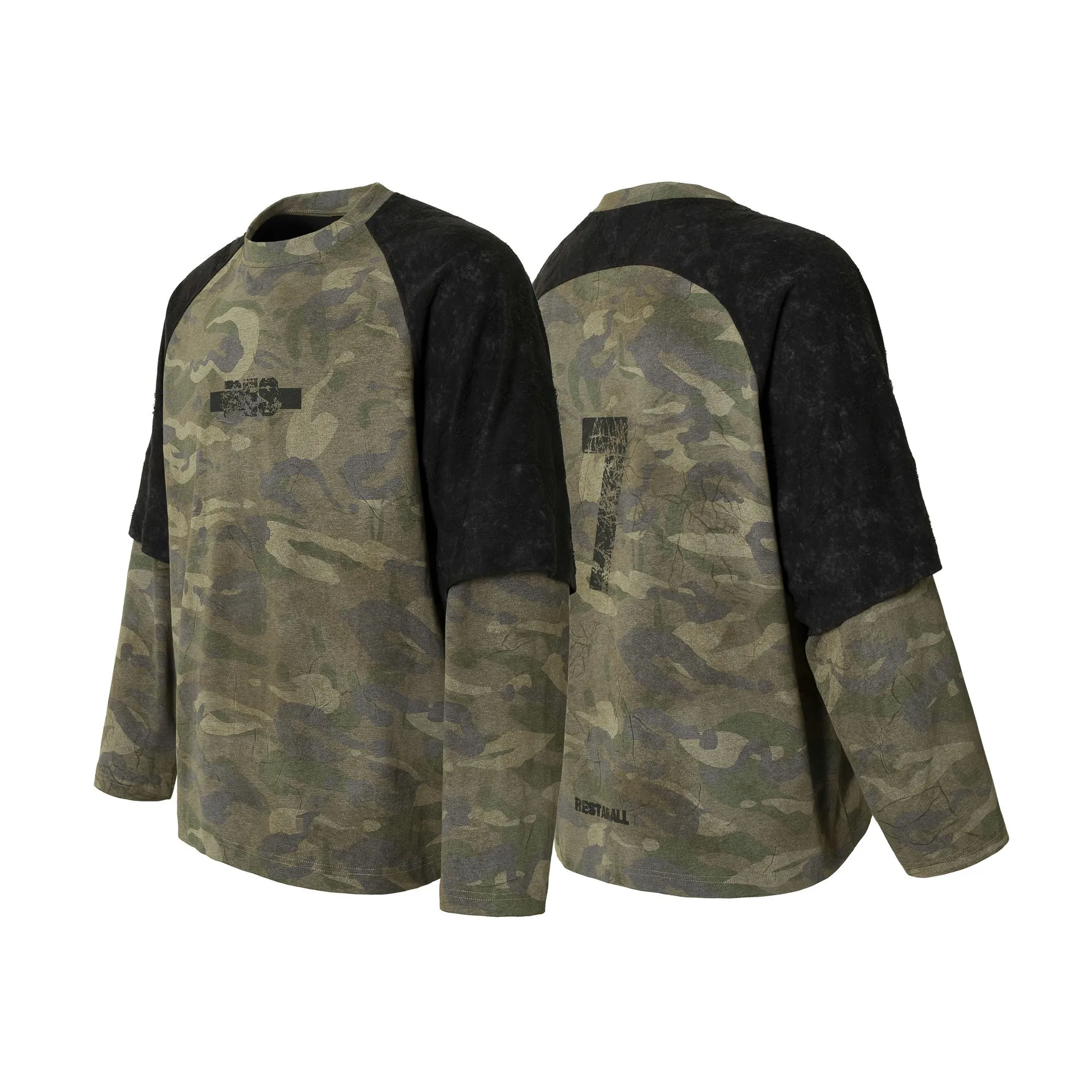 Jiayiku Fashion Brand  New American Street Fashion Brand Camouflage Tee Fake Two-piece Lace Stitching T-shirt Pullover display picture 23