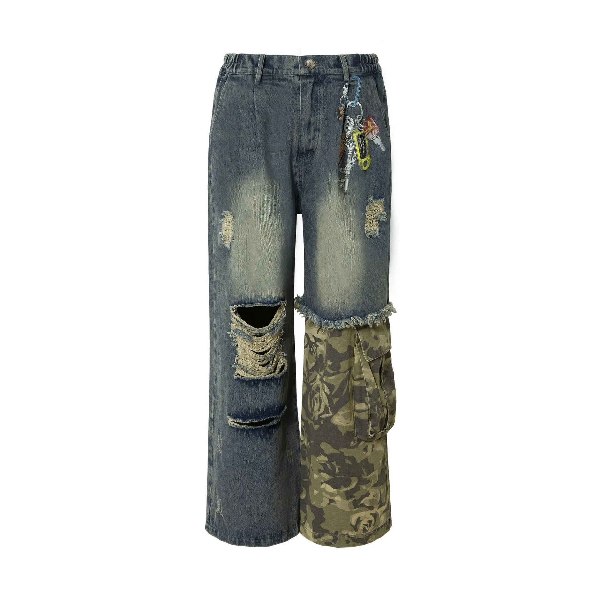 Jiayi Library Men's  Spring New American-style High Street Personalized Vibe Camouflage Color-matching Ripped Washed Jeans display picture 10