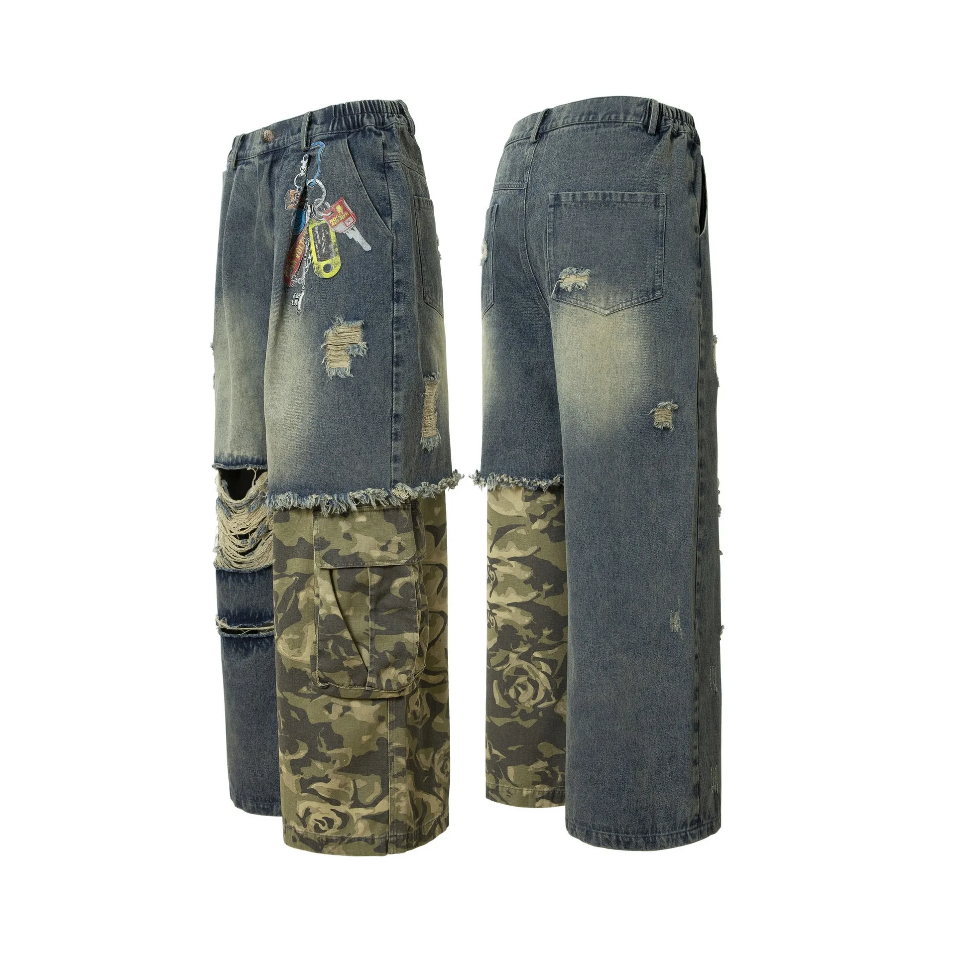 Jiayi Library Men's  Spring New American-style High Street Personalized Vibe Camouflage Color-matching Ripped Washed Jeans display picture 14