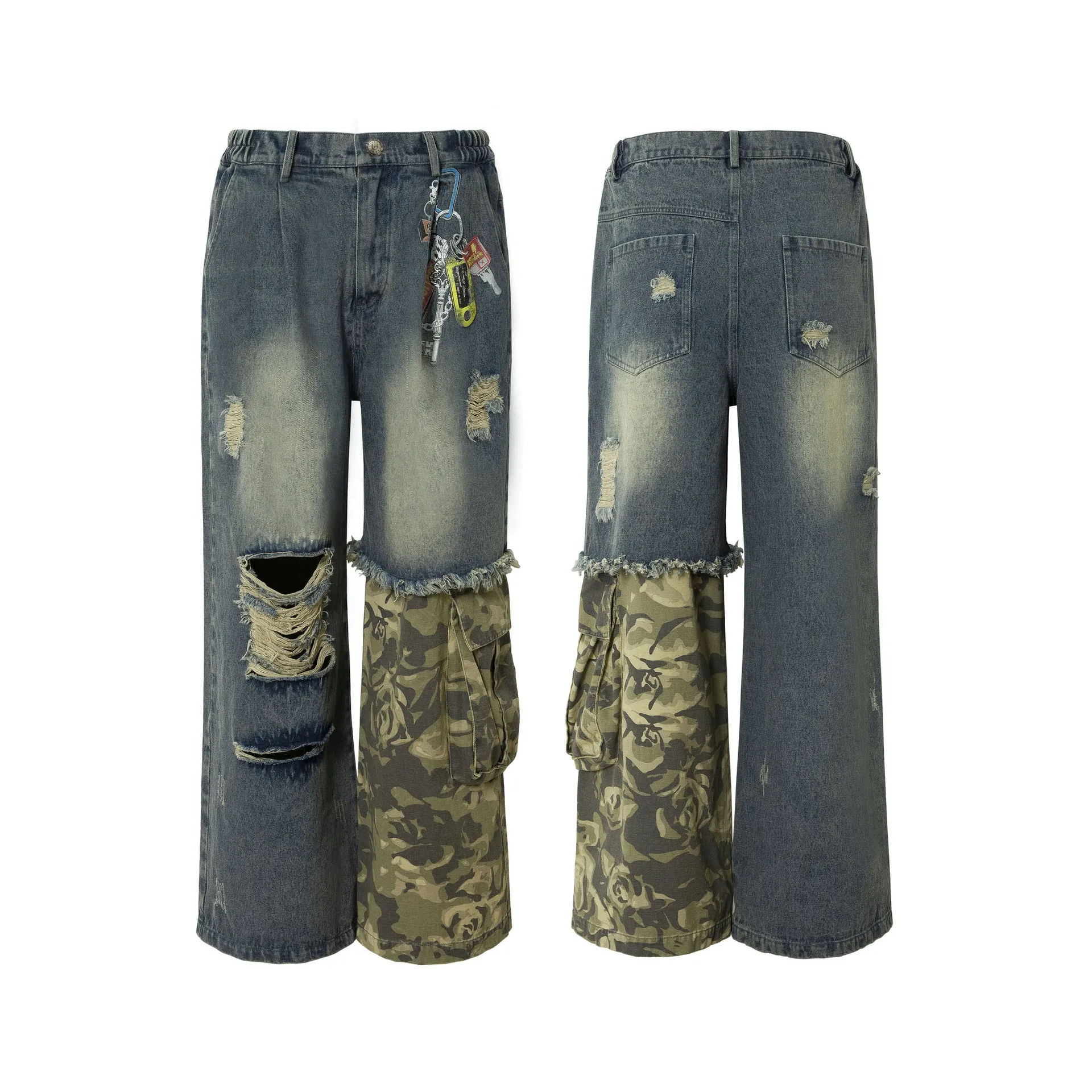 Jiayi Library Men's  Spring New American-style High Street Personalized Vibe Camouflage Color-matching Ripped Washed Jeans display picture 9