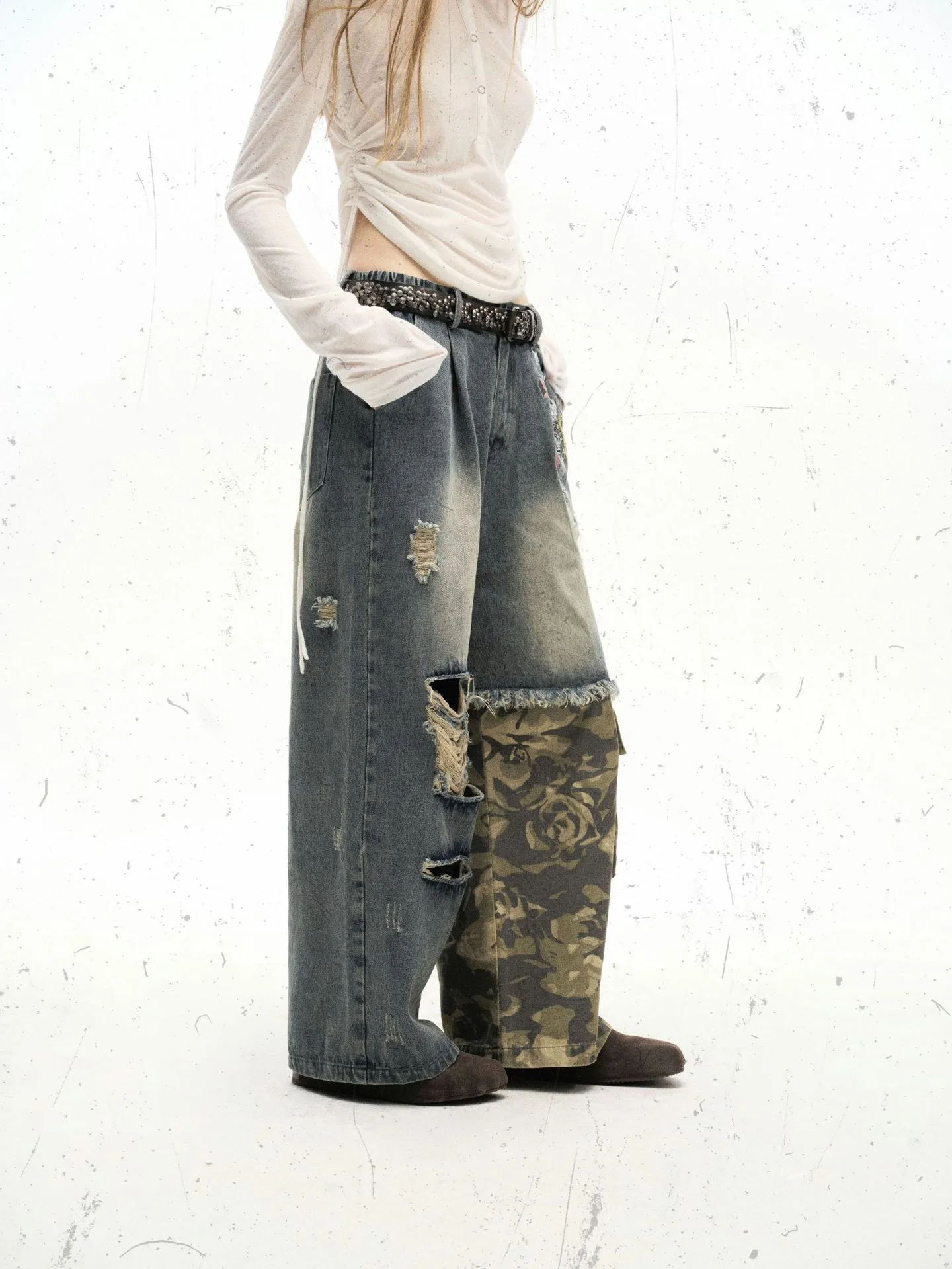 Jiayi Library Men's  Spring New American-style High Street Personalized Vibe Camouflage Color-matching Ripped Washed Jeans display picture 5