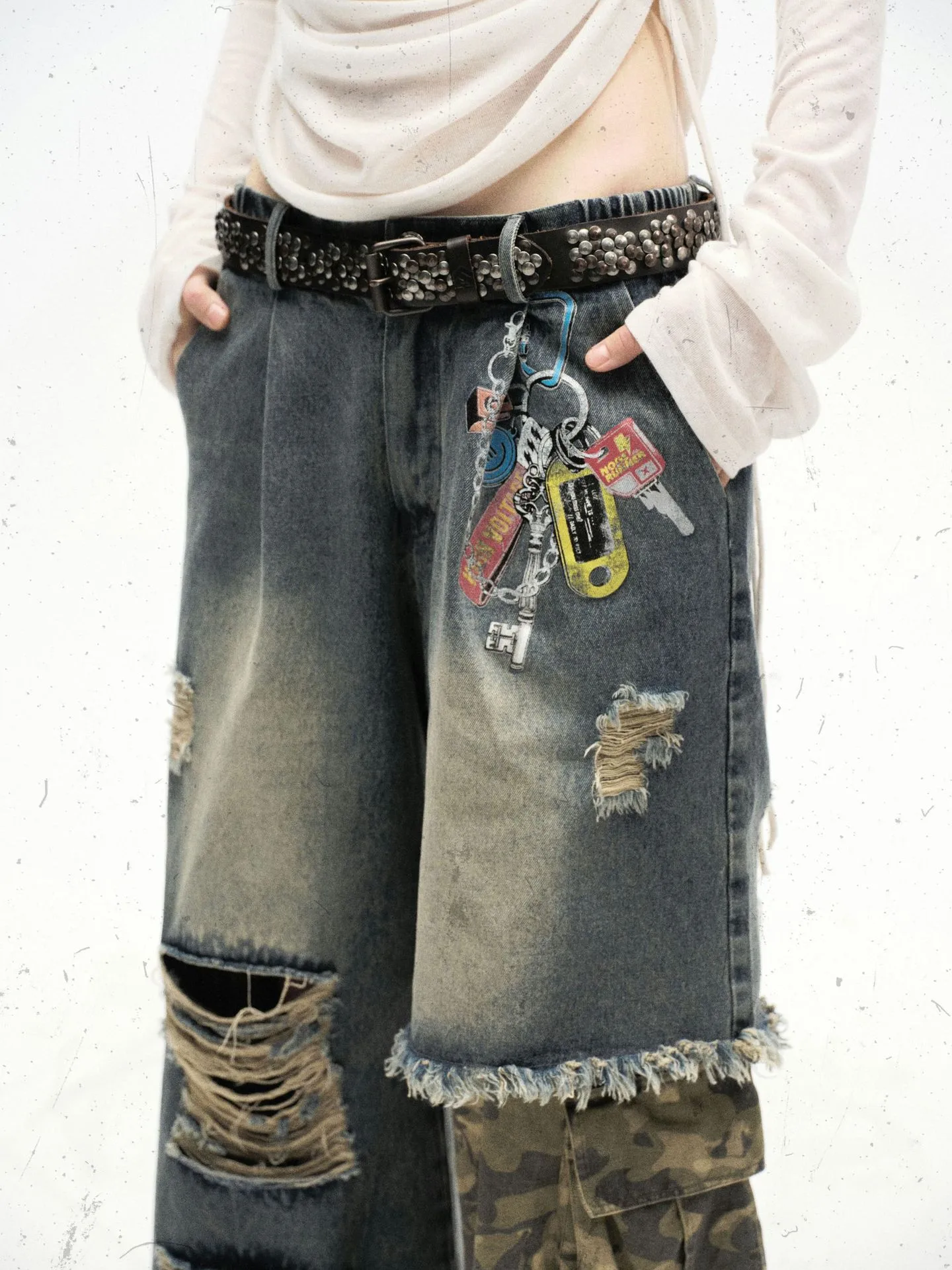 Jiayi Library Men's  Spring New American-style High Street Personalized Vibe Camouflage Color-matching Ripped Washed Jeans display picture 7
