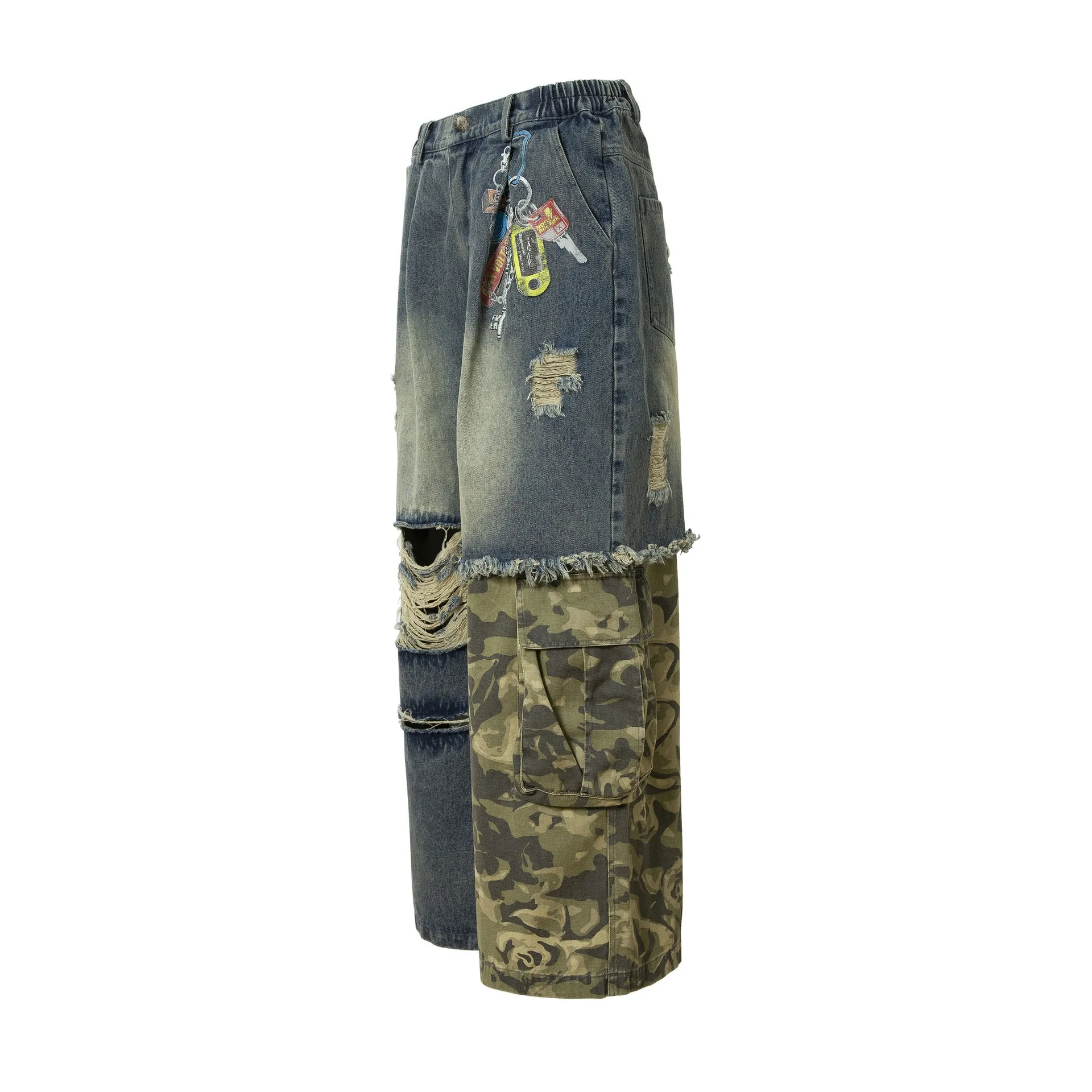 Jiayi Library Men's  Spring New American-style High Street Personalized Vibe Camouflage Color-matching Ripped Washed Jeans display picture 11