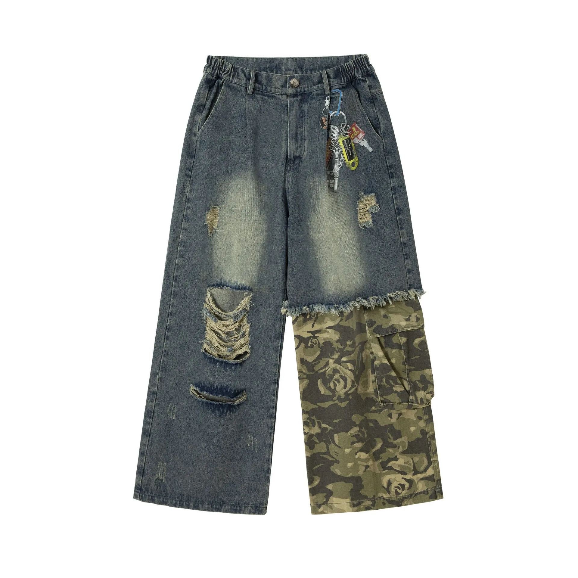 Jiayi Library Men's  Spring New American-style High Street Personalized Vibe Camouflage Color-matching Ripped Washed Jeans display picture 15