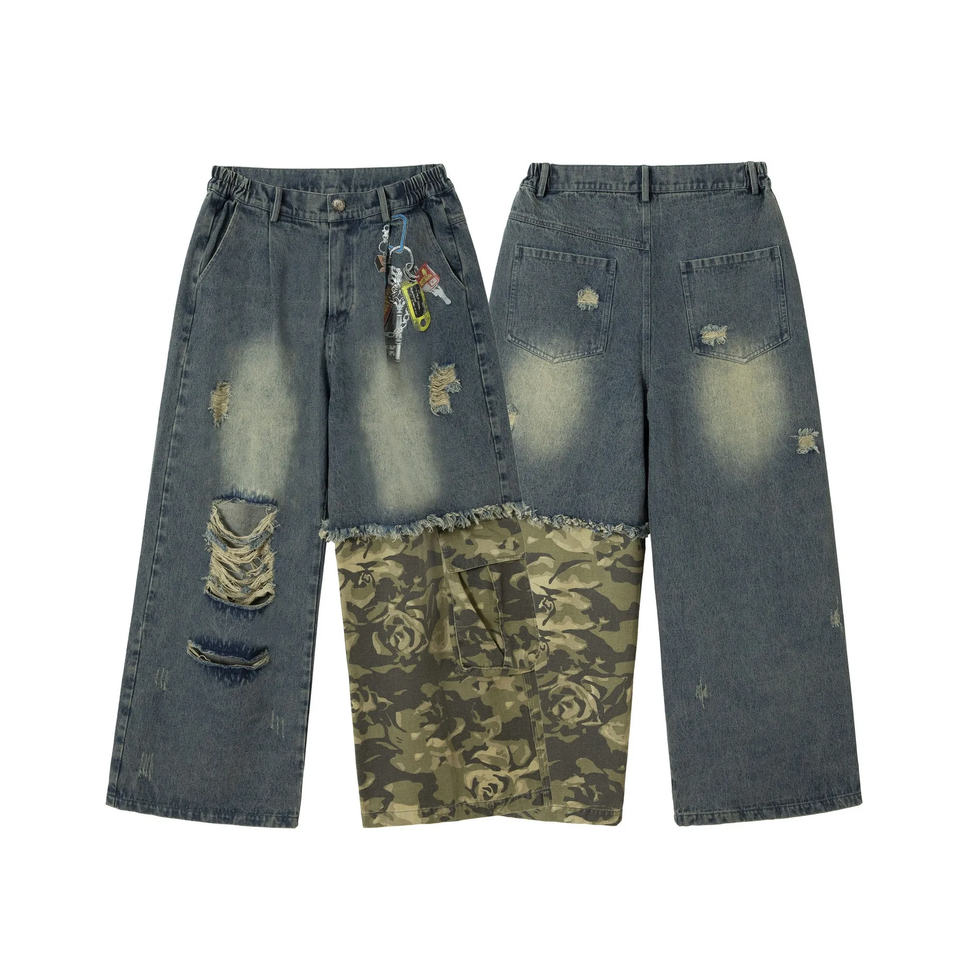 Jiayi Library Men's  Spring New American-style High Street Personalized Vibe Camouflage Color-matching Ripped Washed Jeans display picture 17