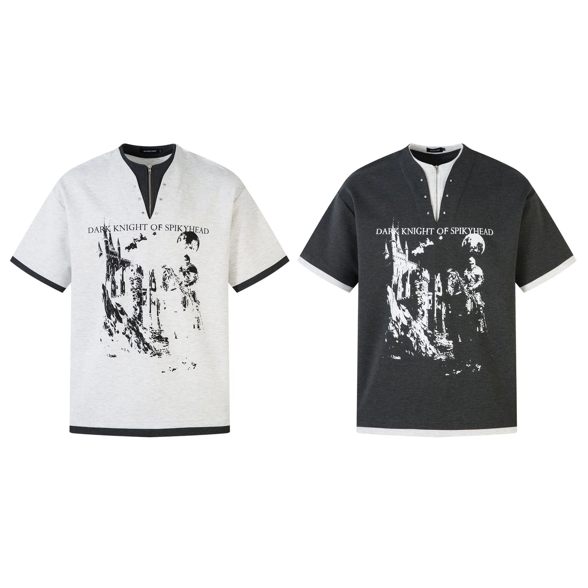 Jiayiku Men's  Spring New American Retro Fake Two-piece Base Shirt Dark Print Short-sleeved T-shirt Men display picture 2