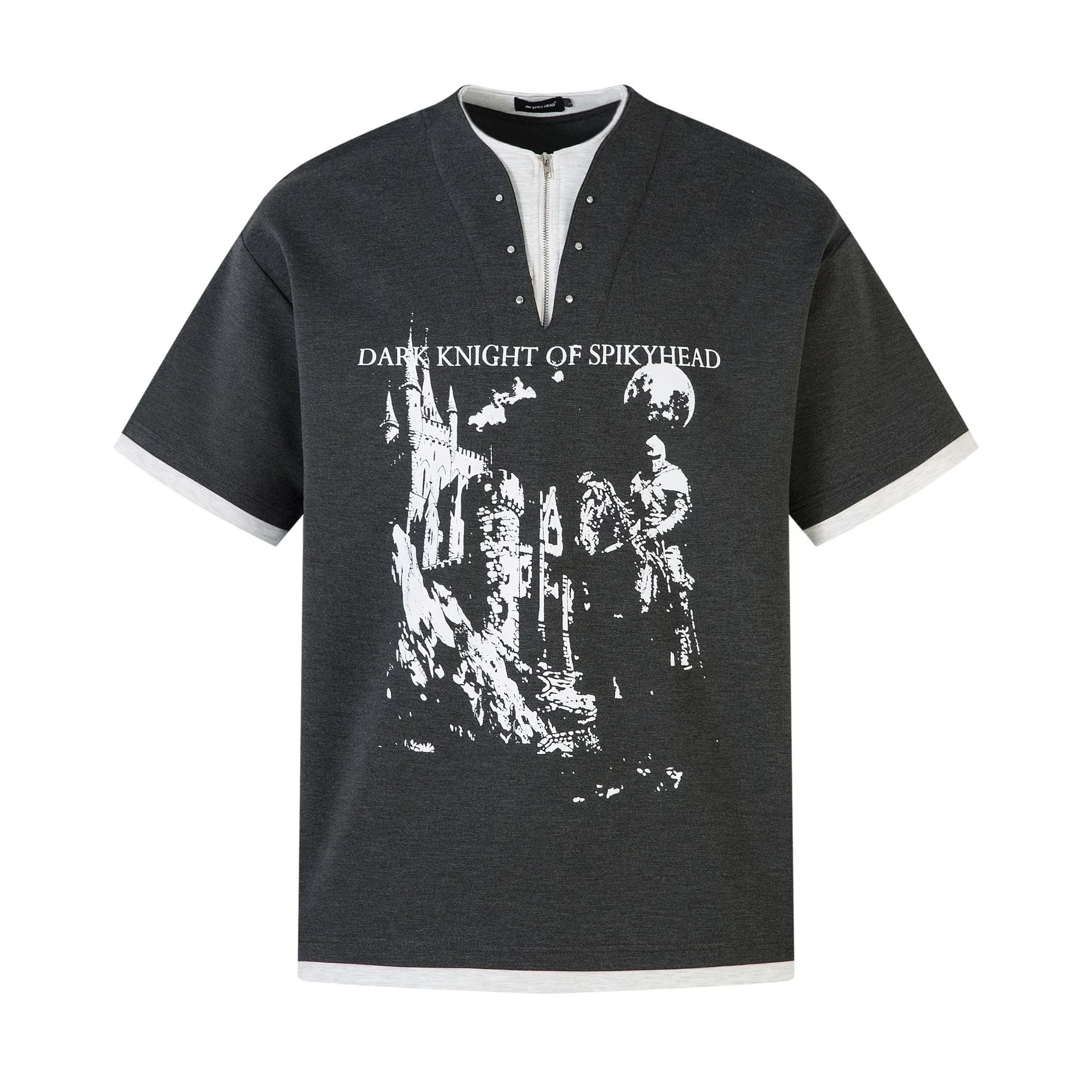 Jiayiku Men's  Spring New American Retro Fake Two-piece Base Shirt Dark Print Short-sleeved T-shirt Men display picture 3