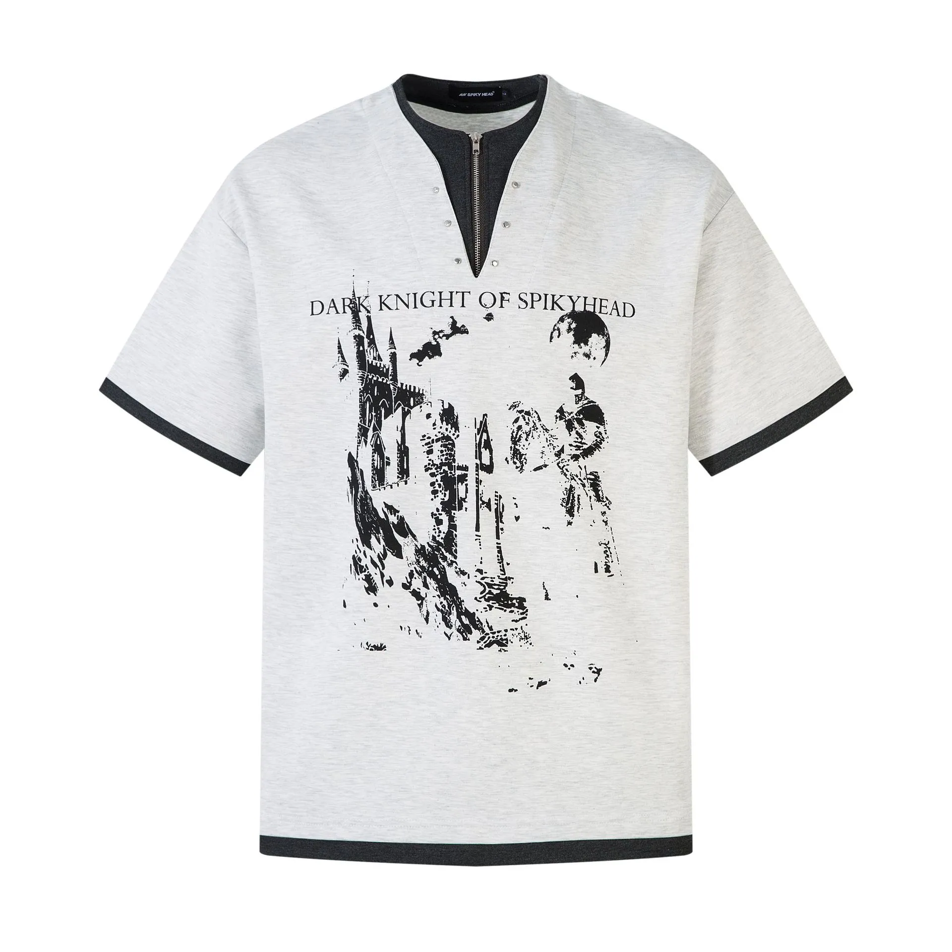Jiayiku Men's  Spring New American Retro Fake Two-piece Base Shirt Dark Print Short-sleeved T-shirt Men display picture 5