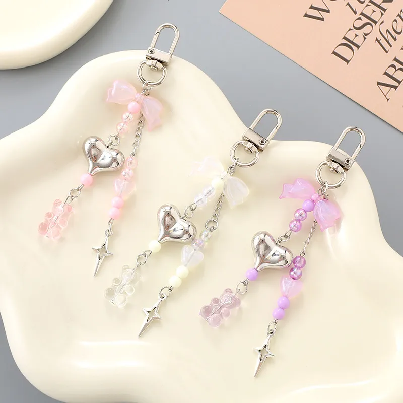 1 Piece Lady Romantic Sweet Heart Shape Bow Knot Beaded Acrylic Beaded Bag Pendant Keychain display picture 1