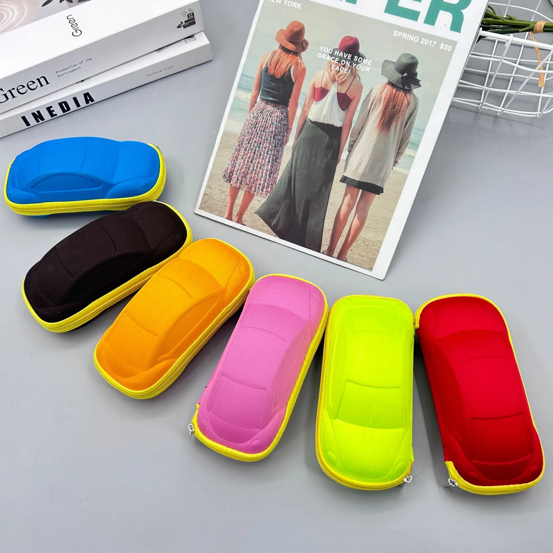 Cute Cartoon Car Children Sunglasses Sunglasses Glasses Box Portable Stationery Storage Box Color Zipper Box display picture 1