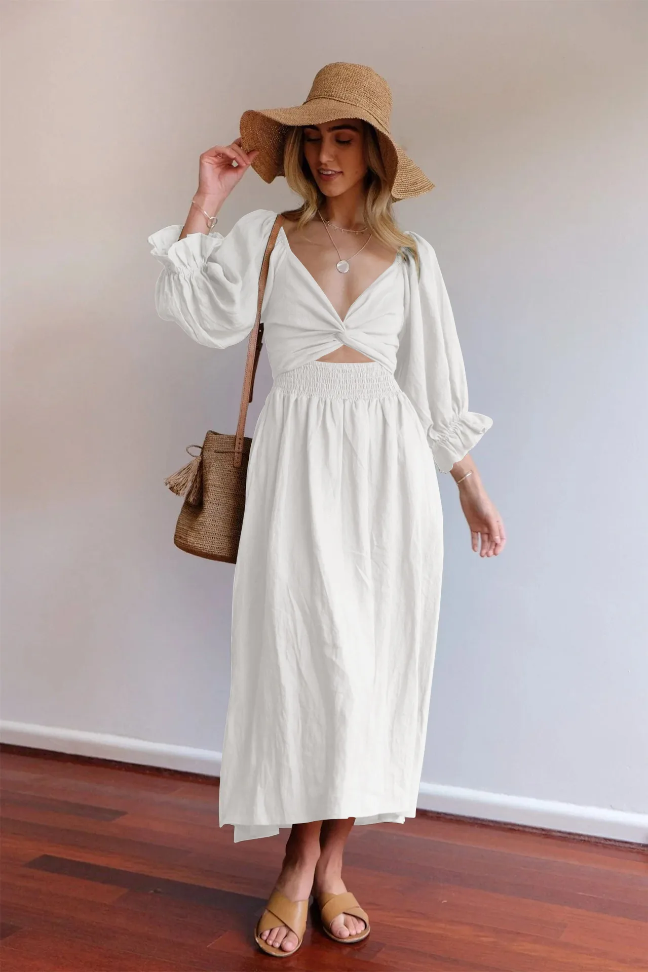 Fashion Solid Color French Dress Elegant Square Collar Trumpet Sleeve A- Line Skirt Strap Front And Back Wear Mid-length Skirt display picture 2