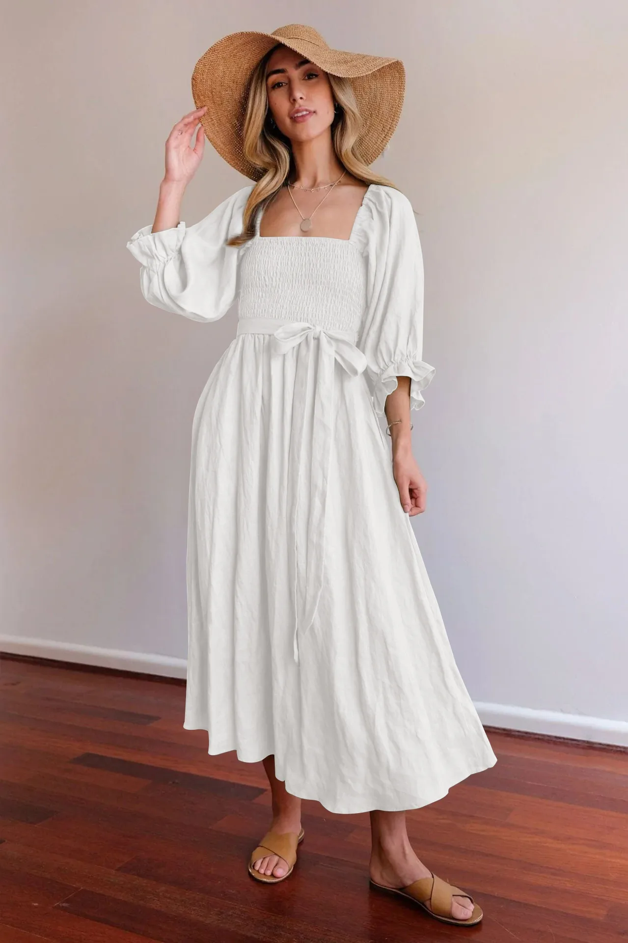 Fashion Solid Color French Dress Elegant Square Collar Trumpet Sleeve A- Line Skirt Strap Front And Back Wear Mid-length Skirt display picture 3
