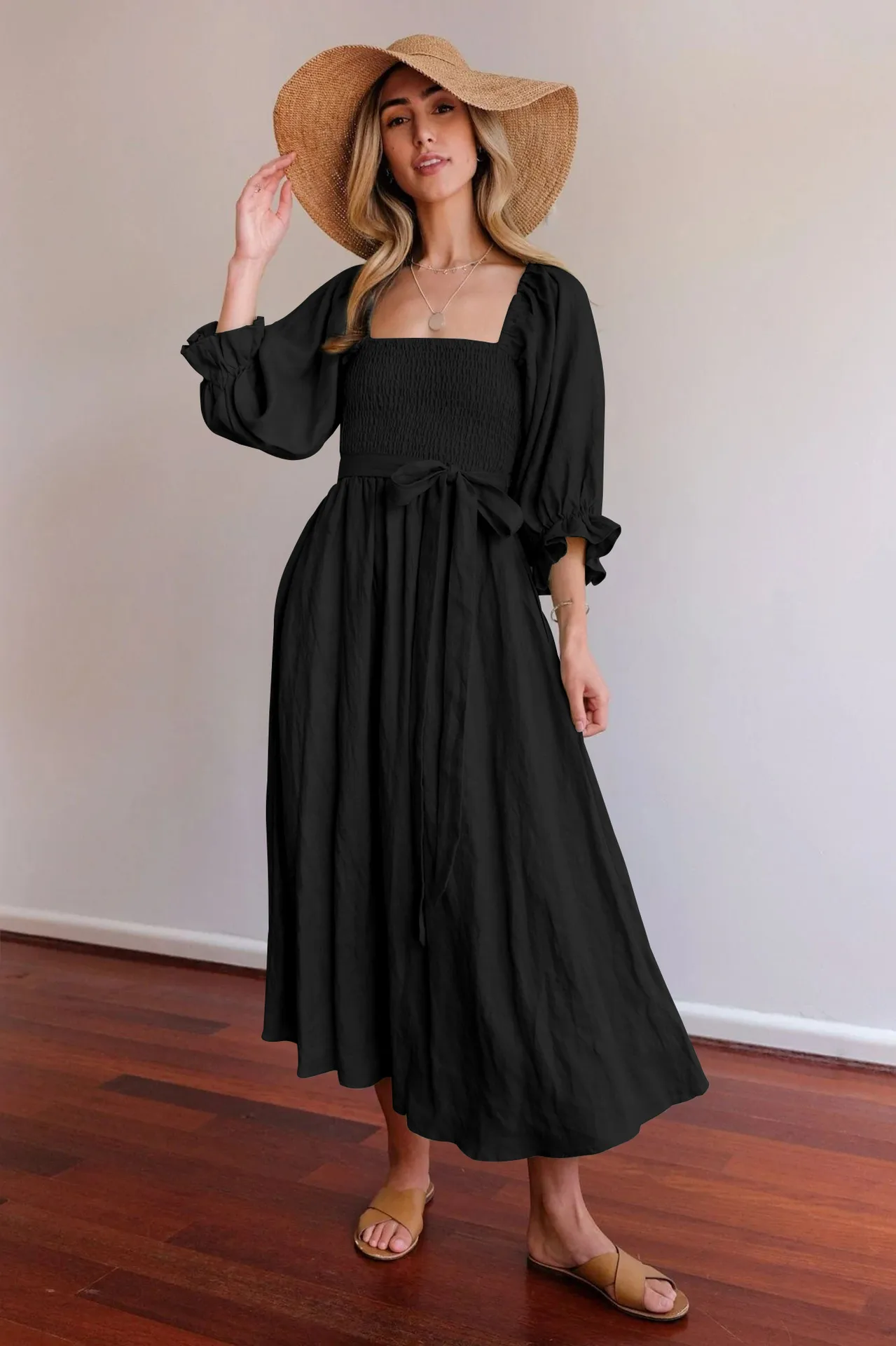 Fashion Solid Color French Dress Elegant Square Collar Trumpet Sleeve A- Line Skirt Strap Front And Back Wear Mid-length Skirt display picture 4