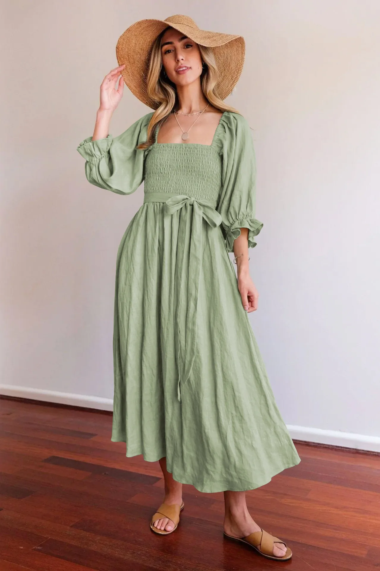 Fashion Solid Color French Dress Elegant Square Collar Trumpet Sleeve A- Line Skirt Strap Front And Back Wear Mid-length Skirt display picture 8