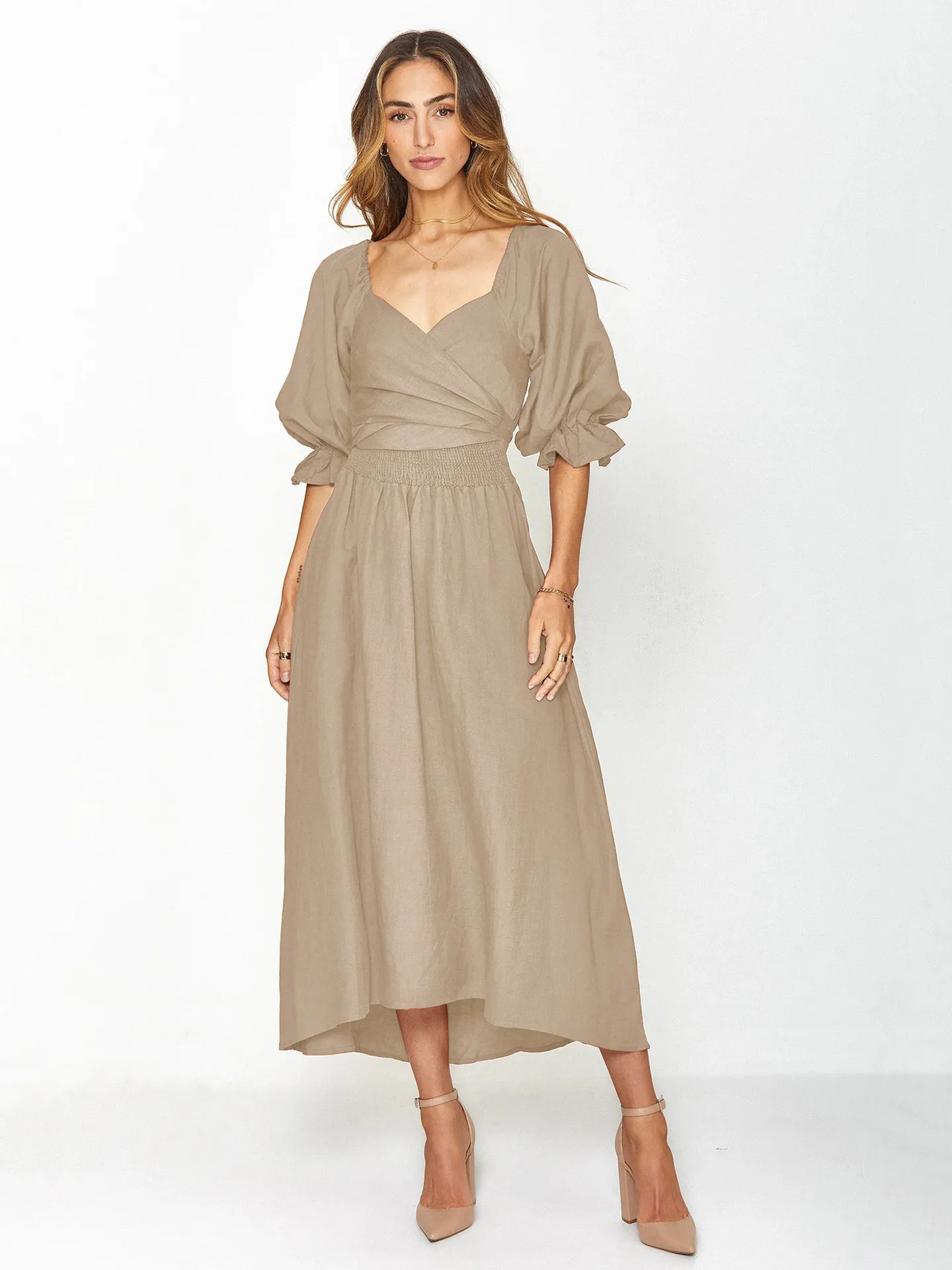 Fashion Solid Color French Dress Elegant Square Collar Trumpet Sleeve A- Line Skirt Strap Front And Back Wear Mid-length Skirt display picture 12