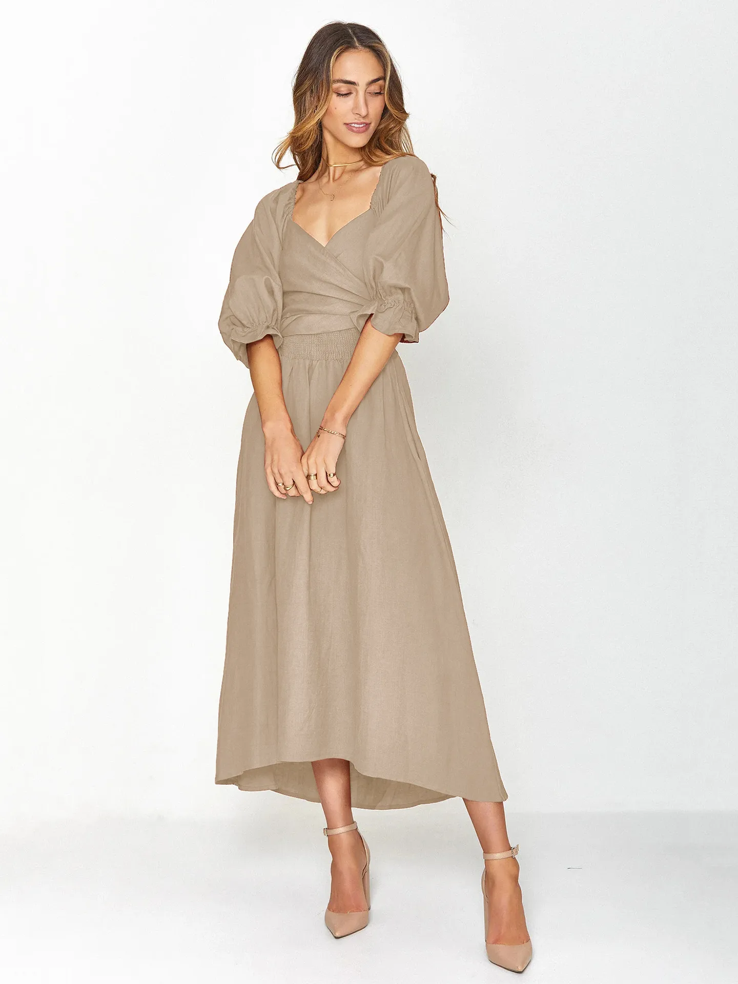 Fashion Solid Color French Dress Elegant Square Collar Trumpet Sleeve A- Line Skirt Strap Front And Back Wear Mid-length Skirt display picture 13