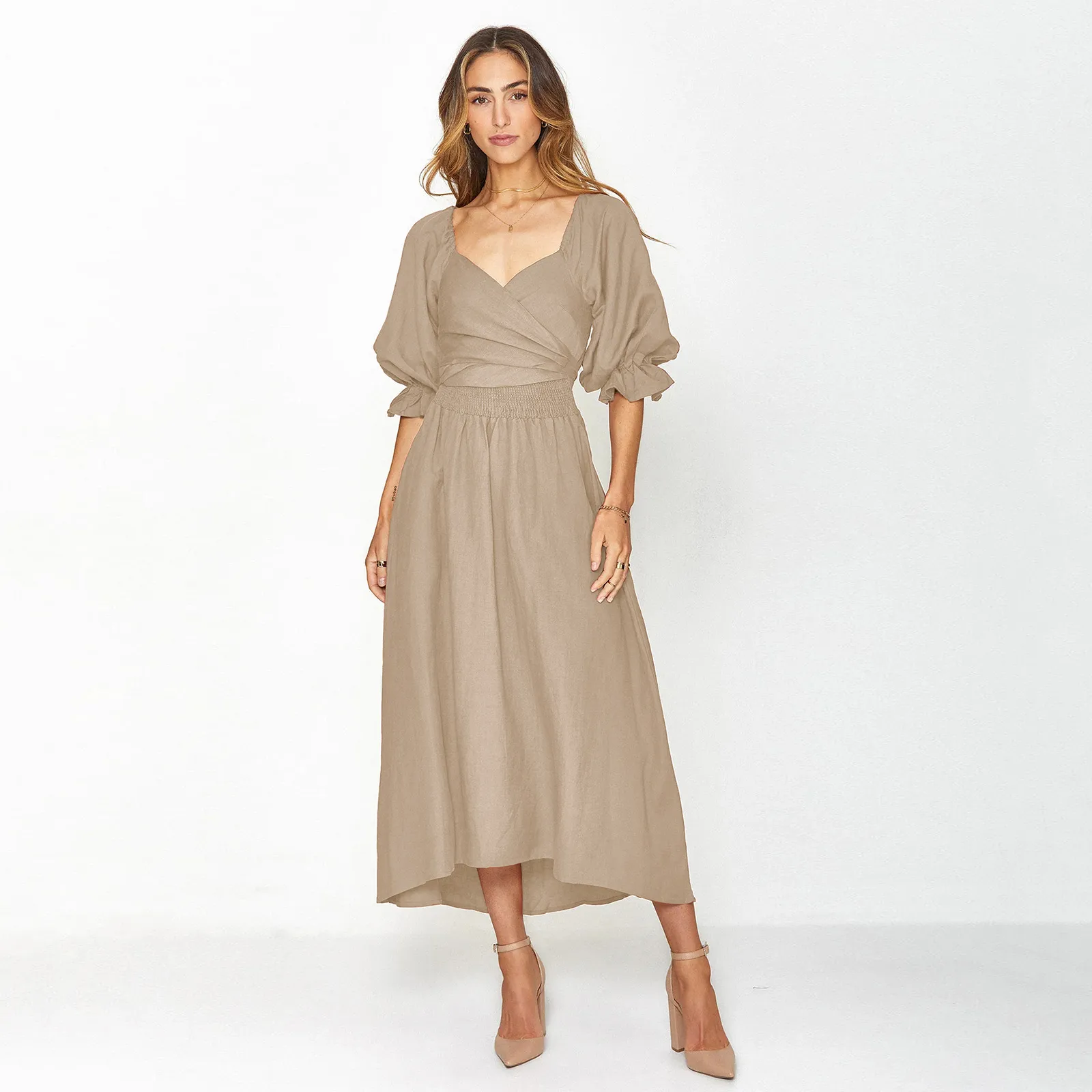 Fashion Solid Color French Dress Elegant Square Collar Trumpet Sleeve A- Line Skirt Strap Front And Back Wear Mid-length Skirt display picture 14