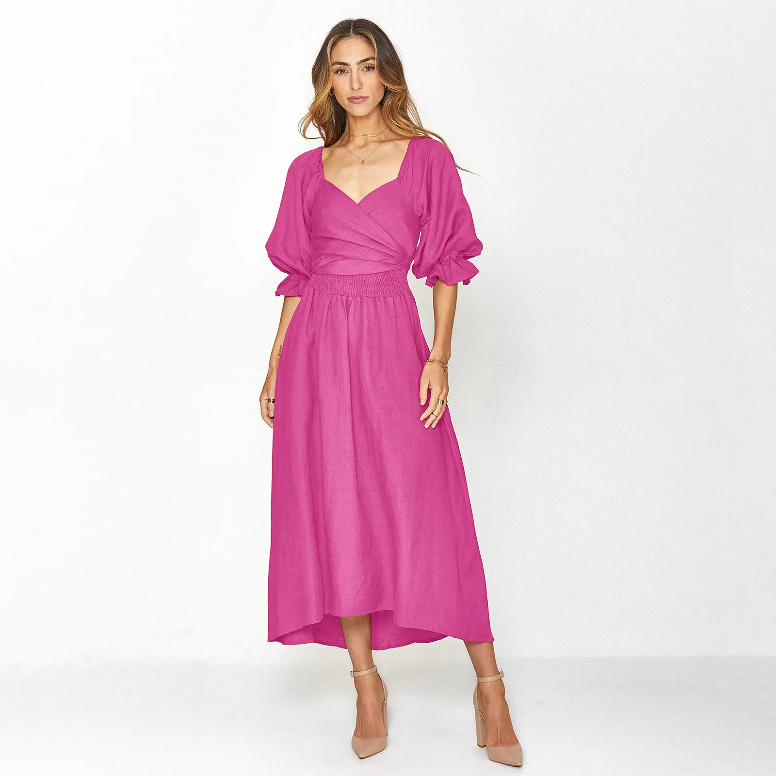 Fashion Solid Color French Dress Elegant Square Collar Trumpet Sleeve A- Line Skirt Strap Front And Back Wear Mid-length Skirt display picture 15