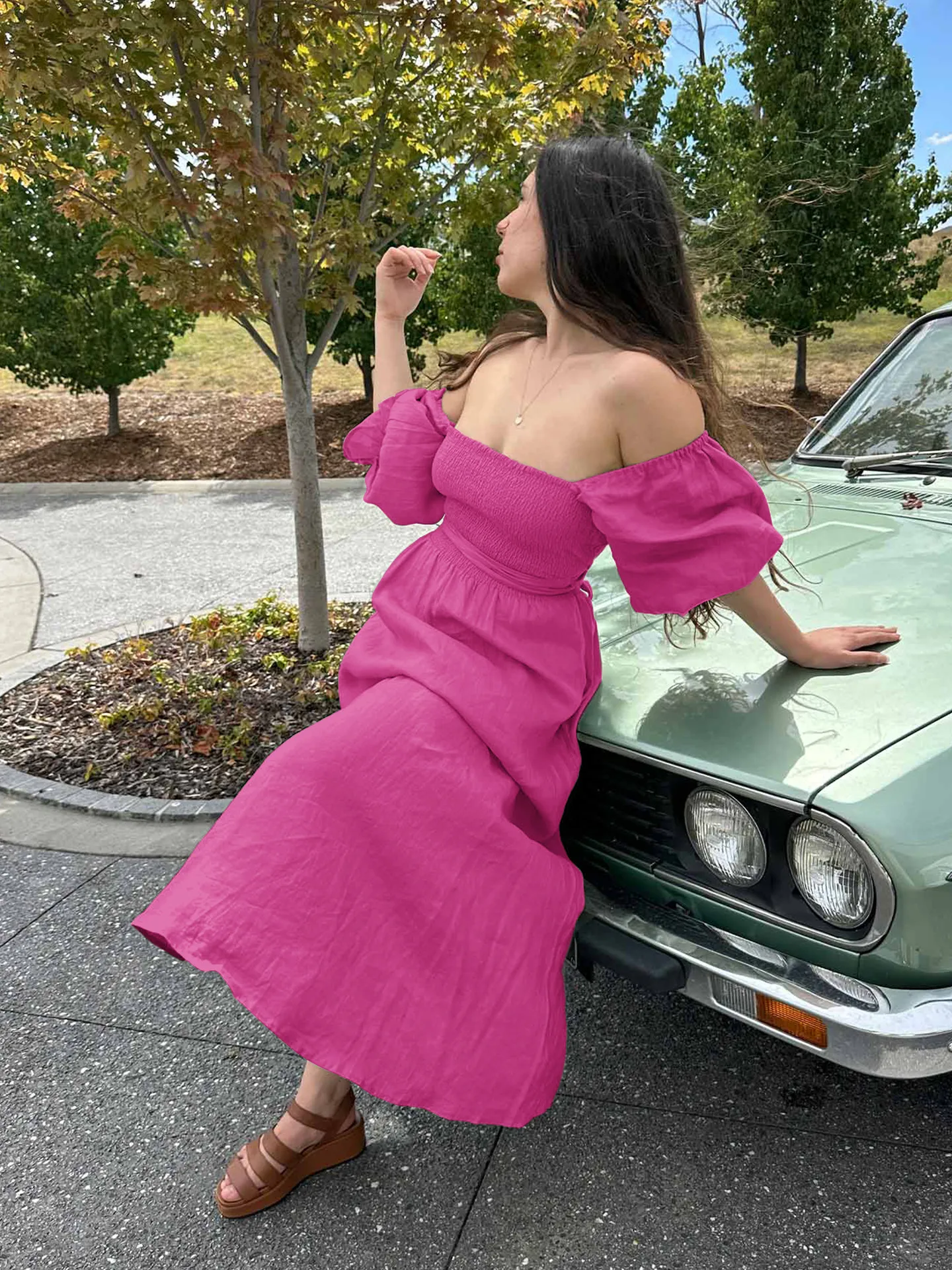 Fashion Solid Color French Dress Elegant Square Collar Trumpet Sleeve A- Line Skirt Strap Front And Back Wear Mid-length Skirt display picture 16